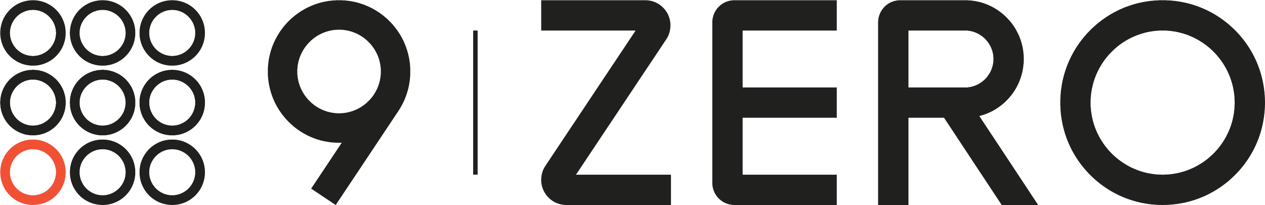The logo of 9/Zero with black text and a design of nine black circles with a red circle in the bottom left corner.