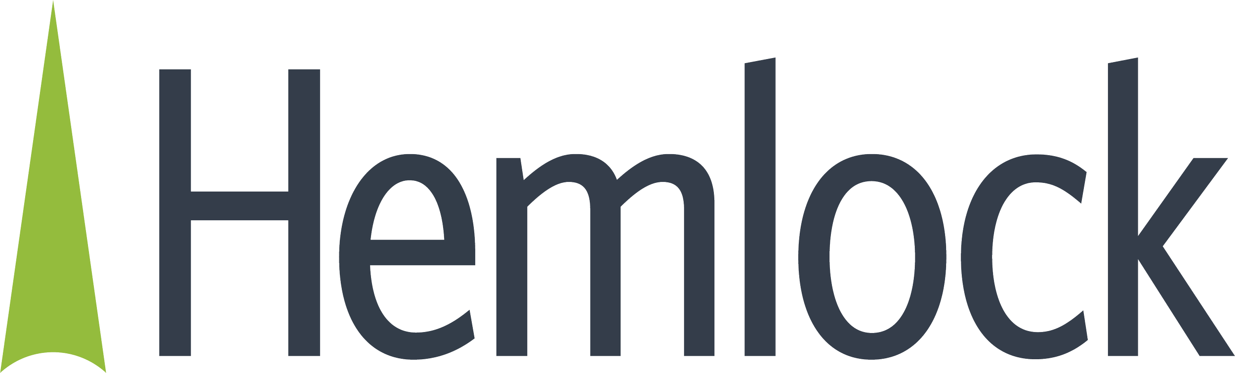 The logo of HEMLOCK, featuring the word 'HEMLOCK' in dark gray with a stylized green leaf on the left side.