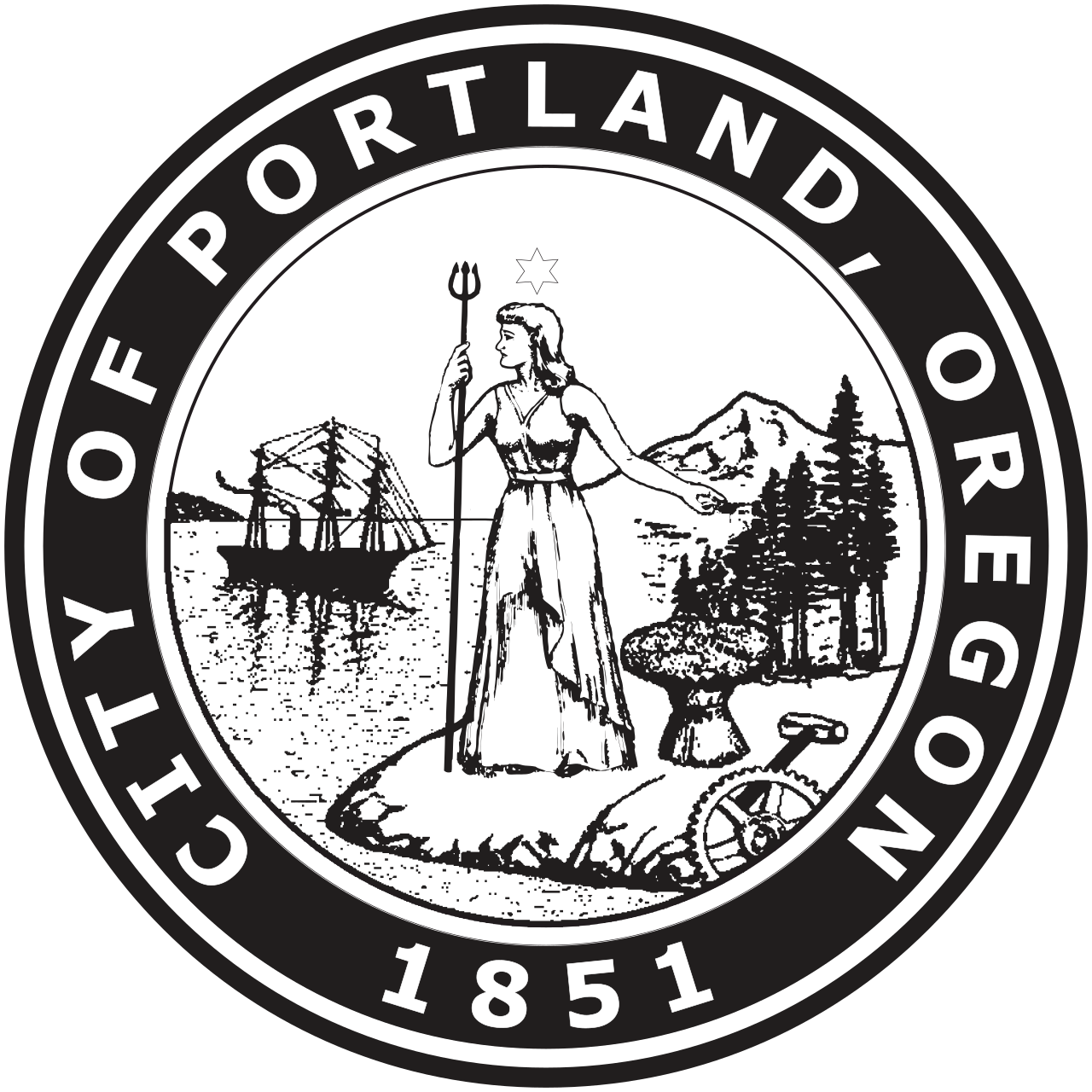 Seal of the City of Portland, Oregon, featuring a female figure holding a trident, standing in front of mountains, trees, and a ship, with the year 1851.