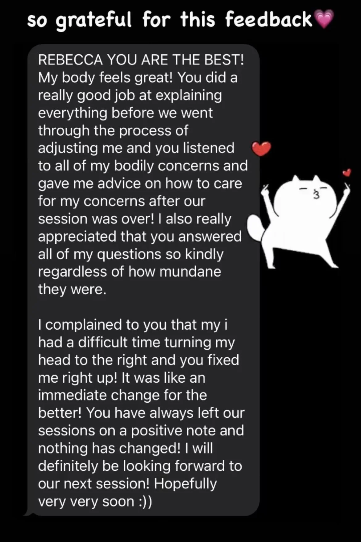 testimonial from Dr.Kasputis's patient explaining how they feel better post adjustment