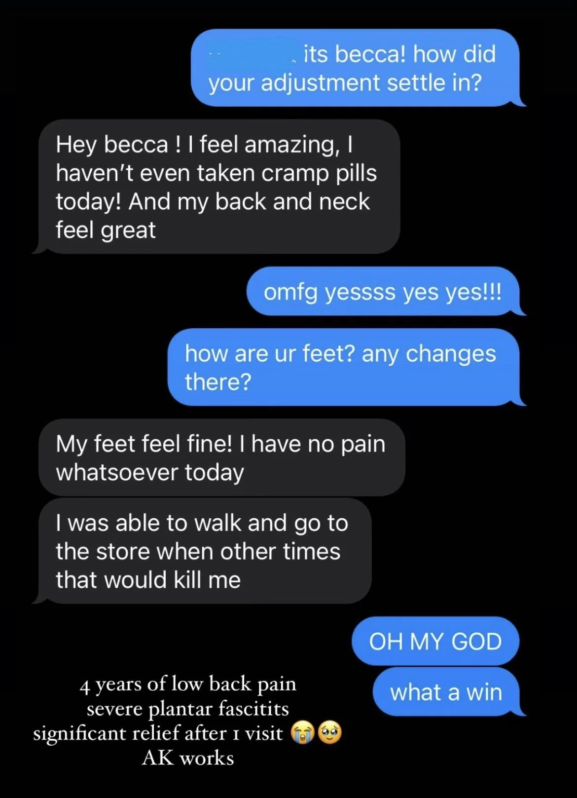 testimonial from Dr.Kasputis's patient explaining how they feel better post adjustment