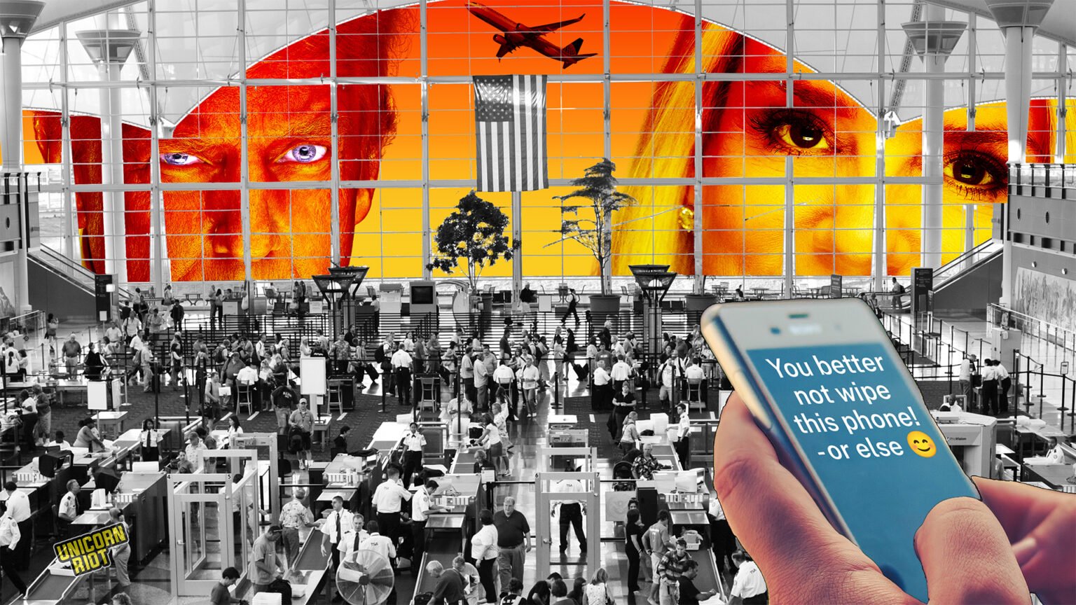 Large airport terminal with a crowd of people, a large digital display screen with a divided image of a man and woman with intense eyes, an airplane flying in the sky, and a person holding a smartphone with a humorous message about not wiping the phone.