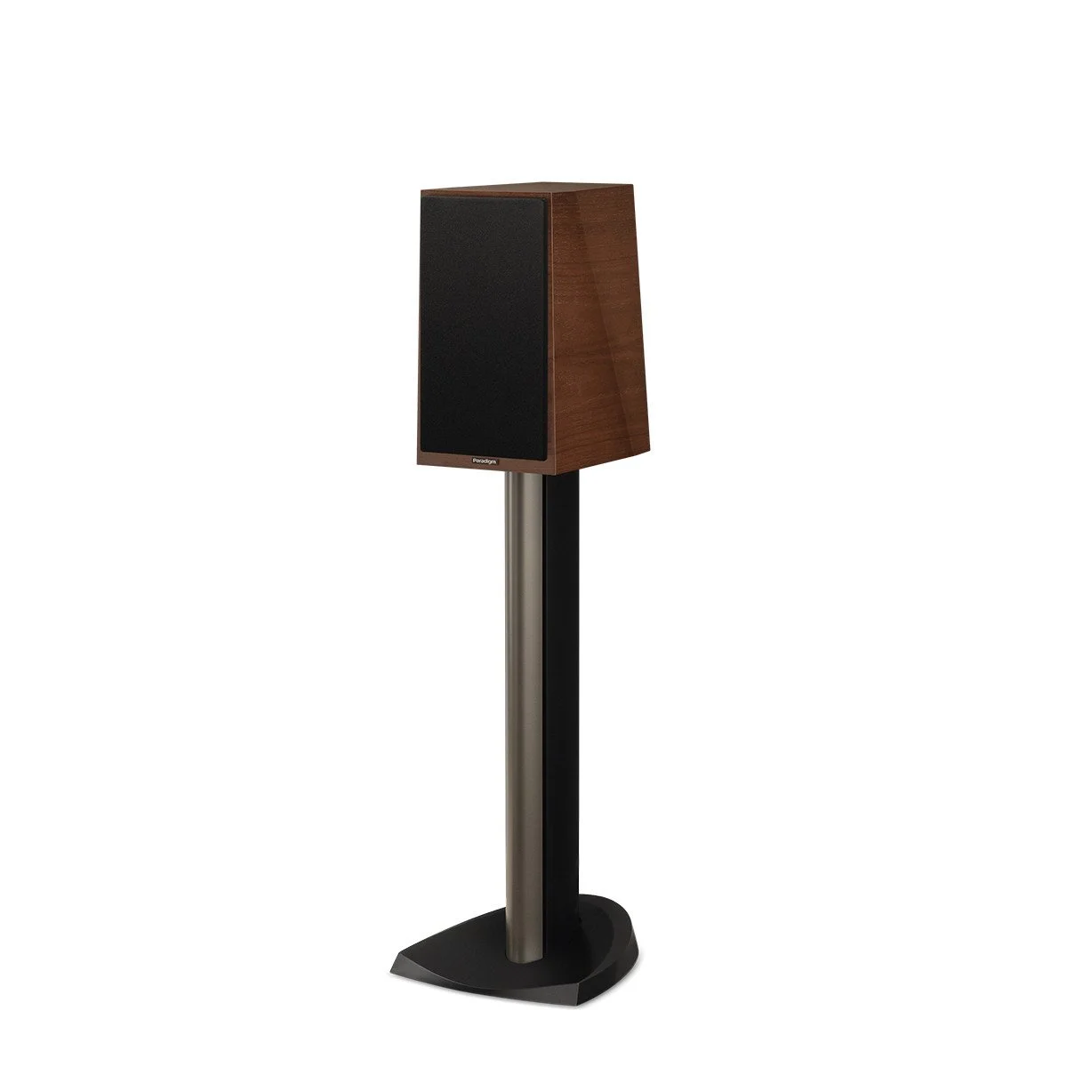 A wooden speaker on a black and silver stand.