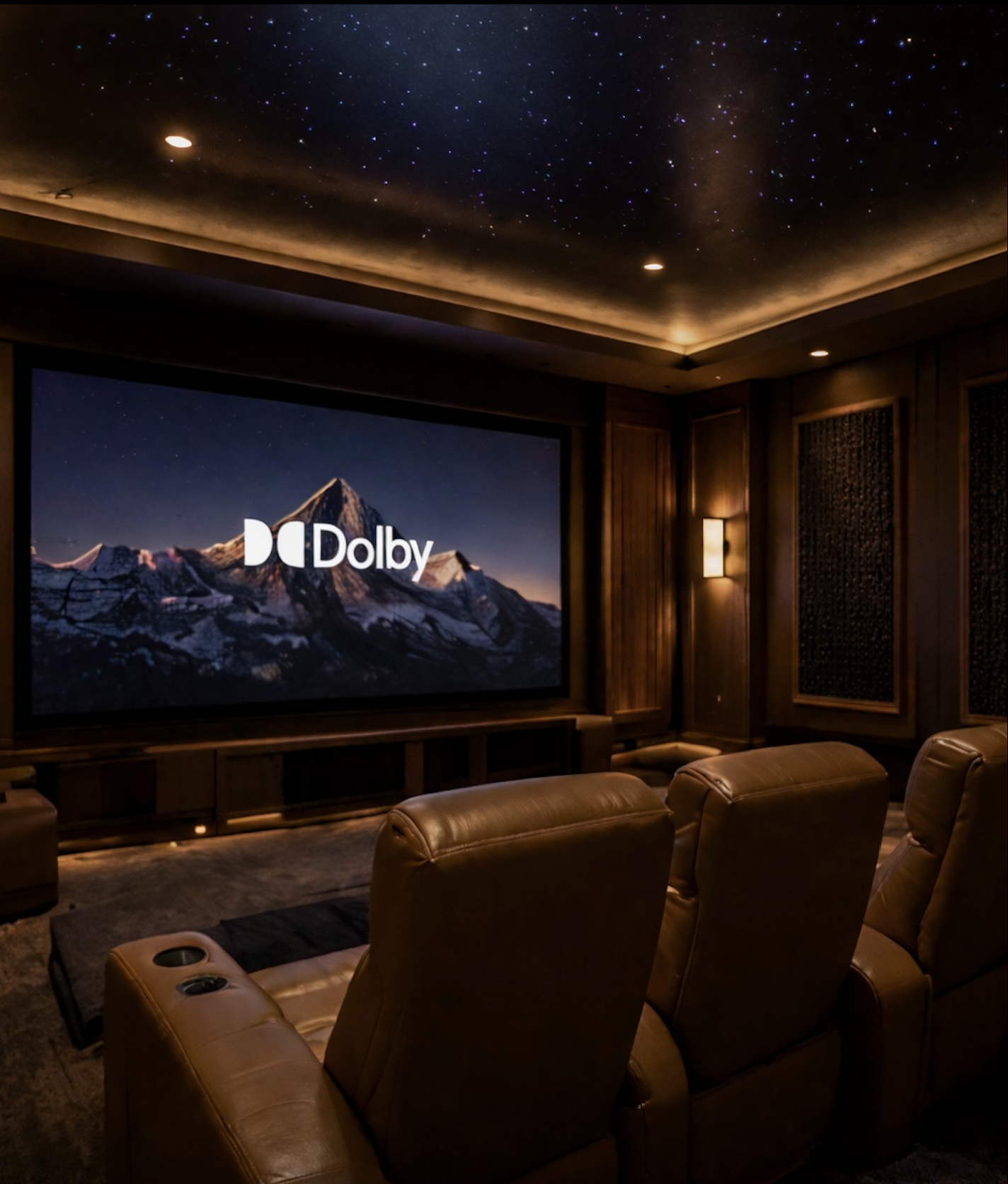 A cozy Mill Valley Marin County luxury home theater with leather recliners, AVI is trusted by Dolby for professional reference grade installation and calibration.