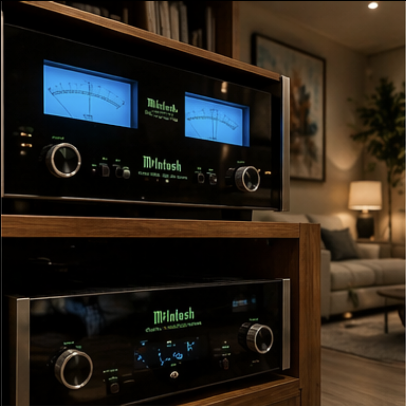A vintage McIntosh stereo receiver with two blue VU meters and illuminated green text, placed on a wooden stand in a living room with a sofa, lamp, and framed artwork in the background.