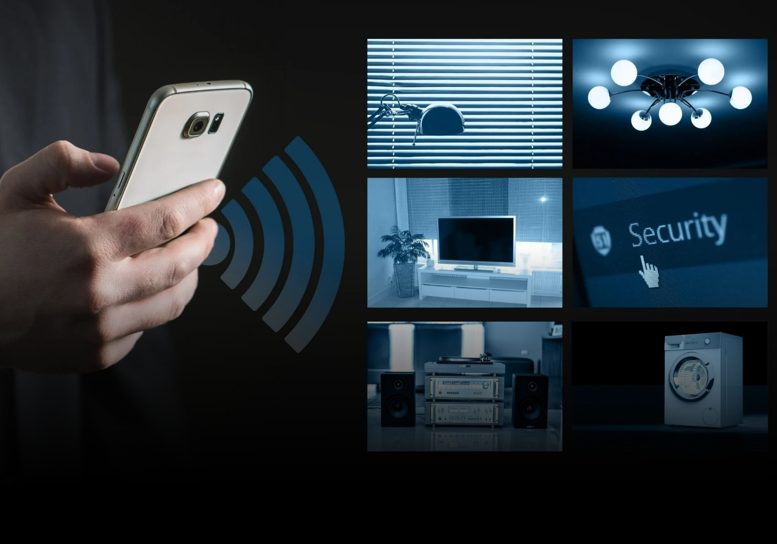 Close-up of a hand holding a smartphone with a security or contactless payment symbol projected nearby, alongside images of home security cameras, lighting fixtures, and home appliances.