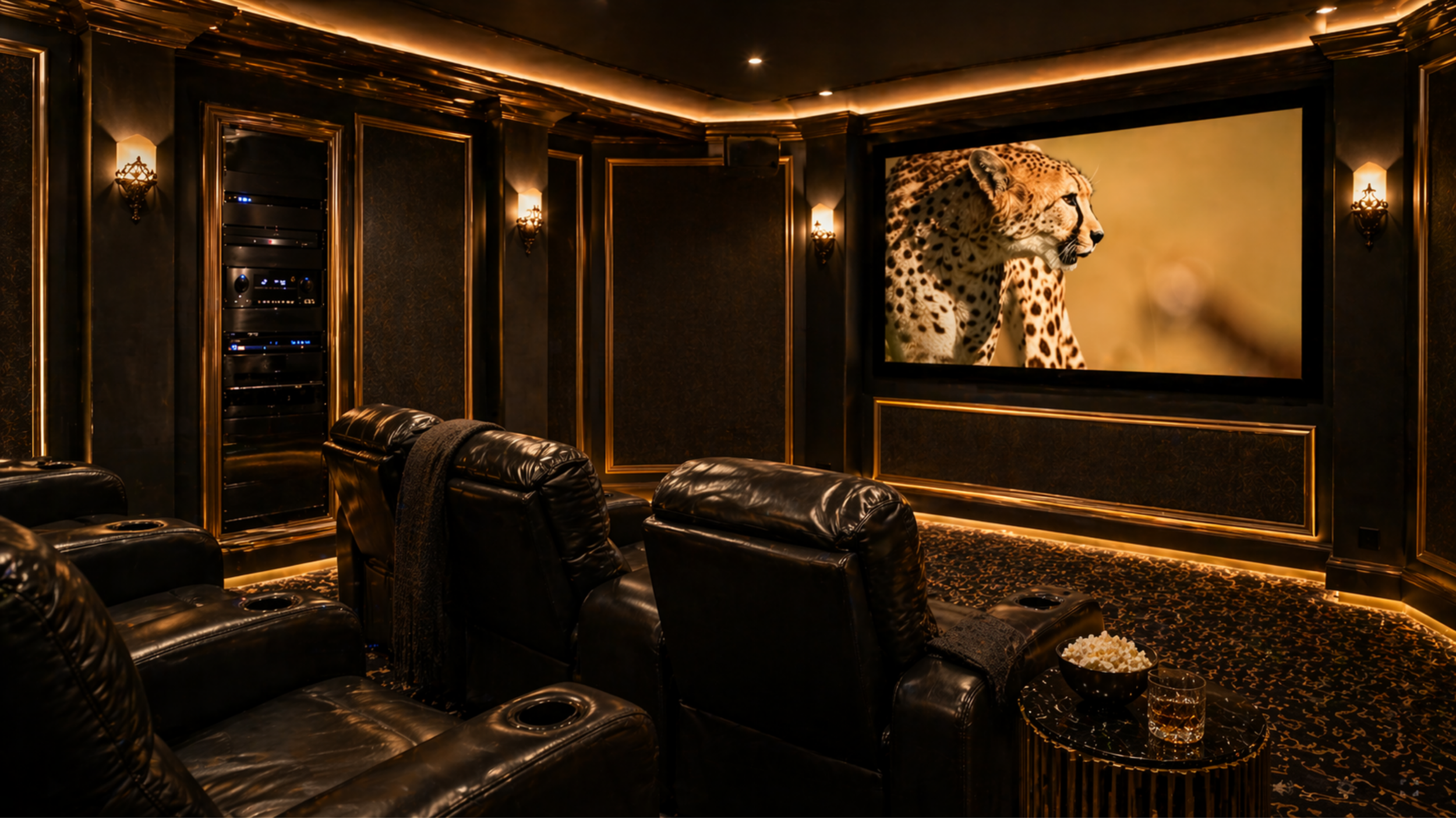 Luxury home theater room with black leather recliner seats, gold accents, a large screen displaying a cheetah, and dim lighting fixtures.
