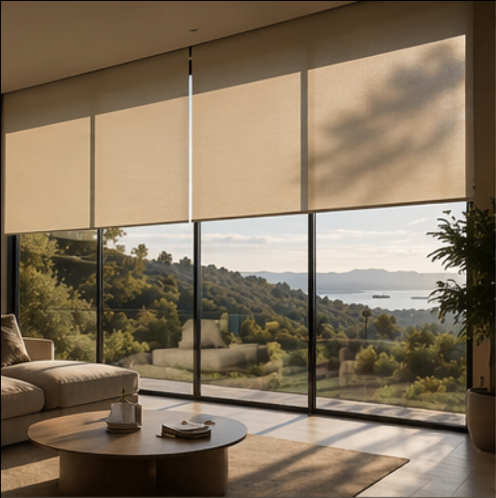 Living room with large windows showing a scenic view of trees, hills, and water, with beige blinds partially covering the windows. There is a beige sofa with a pillow, a round coffee table with a book and small decor items, and a plant on the right side.