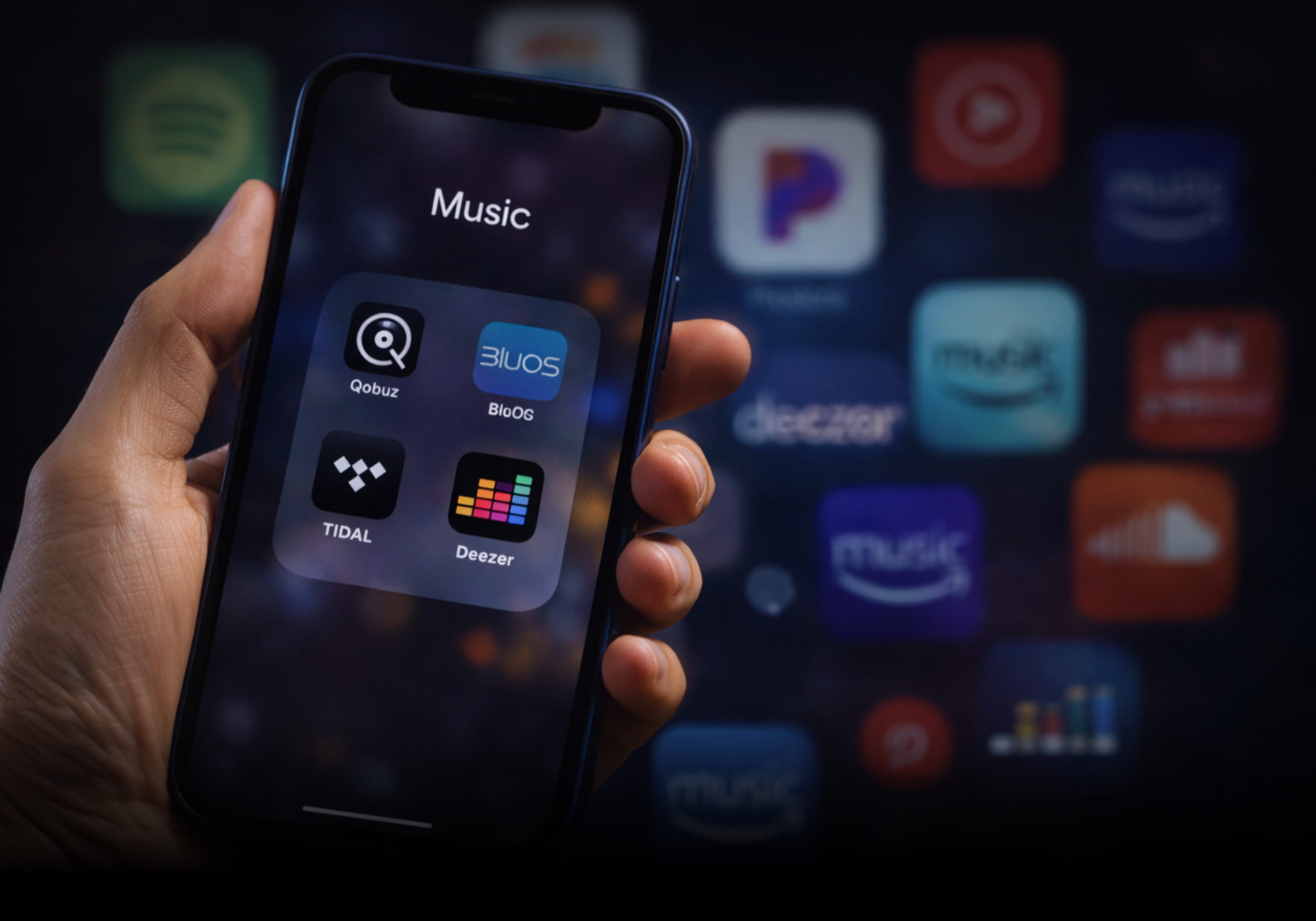 Close-up of a hand holding a smartphone with a music app open, displaying icons for Qobuz, BluOS, TIDAL, and Deezer. In the background, there are various app icons blurred.