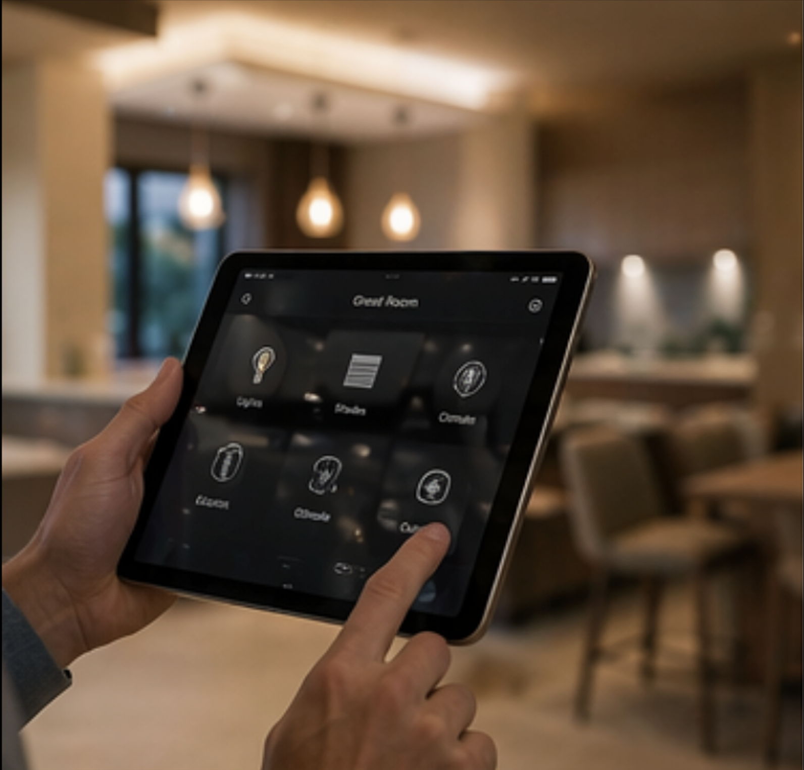 A person holds a tablet displaying a control menu with icons for different smart home functions, in a dimly lit dining area with hanging pendant lights and chairs.