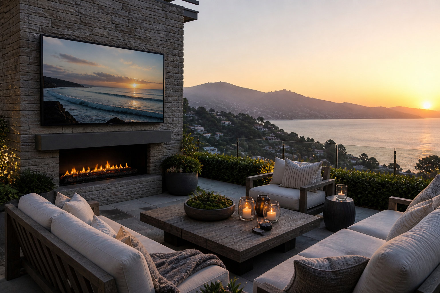 Outdoor TV and pool at sunset