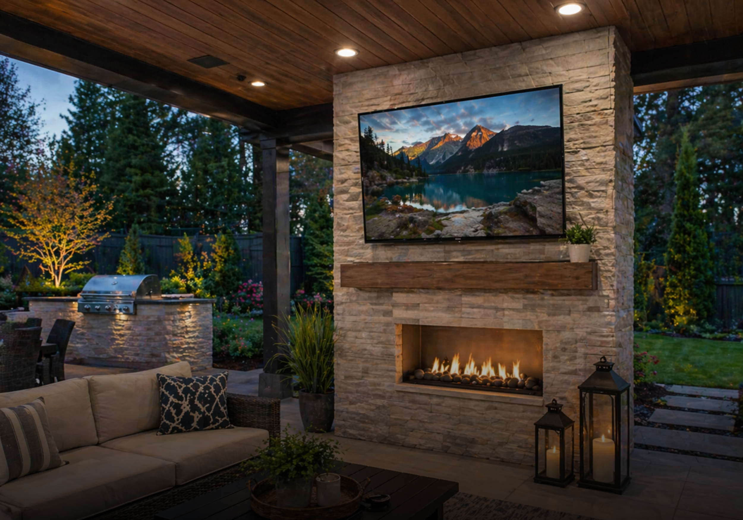 An outdoor living space featuring a stone and wood fireplace with a TV mounted above it, a cozy beige sectional sofa with patterned pillows, a barbecue grill, charming lanterns, and lush greenery with trees in the background during dusk.