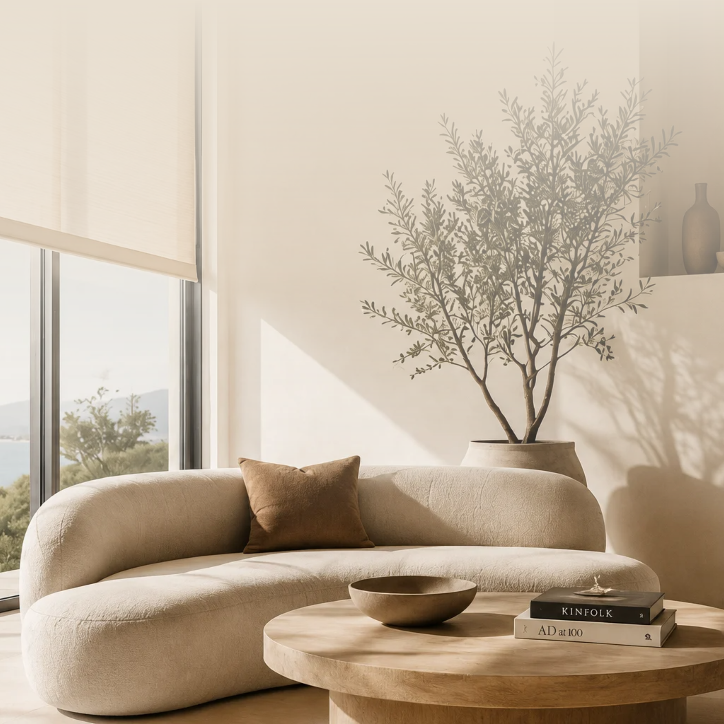 Interior living room with beige curved sofa, brown pillow, wooden coffee table with bowl, stack of books titled 'Kinfolk' and 'AD at 100', large window with blinds, potted plant with shadow on the wall.