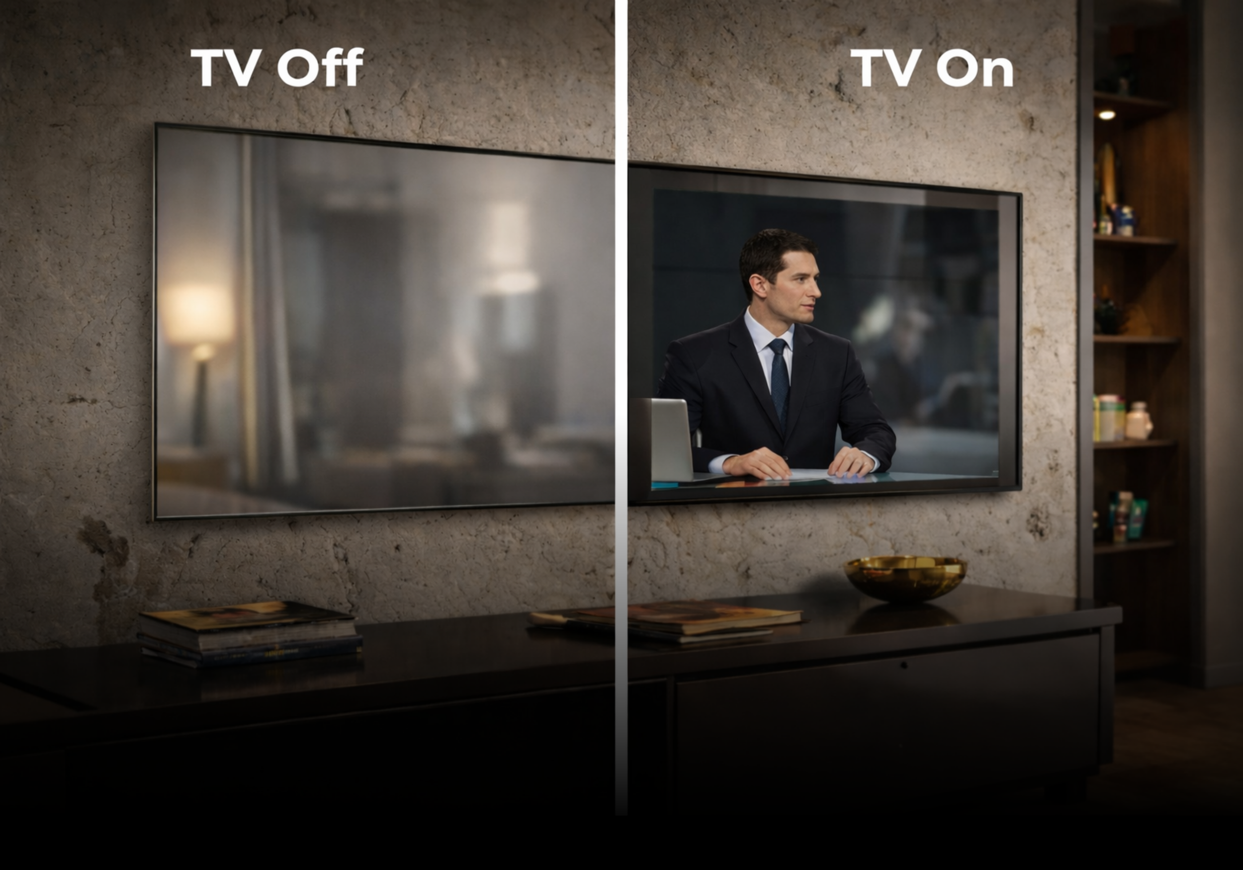 Comparison of a TV turned off and a TV turned on, with a man in a suit on the screen of the TV that is on.