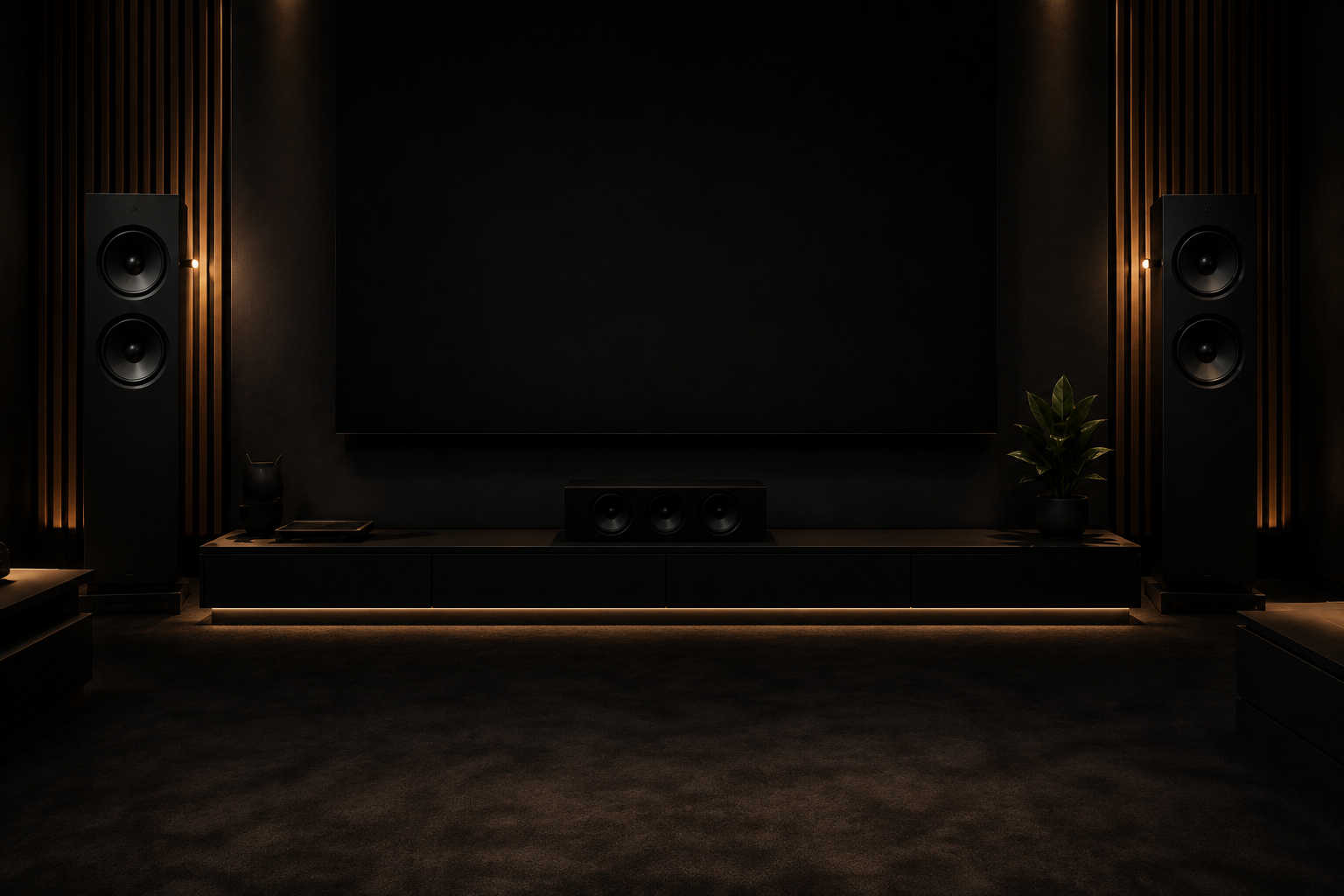 A modern home theater room with black walls, large black flat-screen TV, big black speakers on tall black stands, a low black media console, a plant on one side, and dim, warm lighting.
