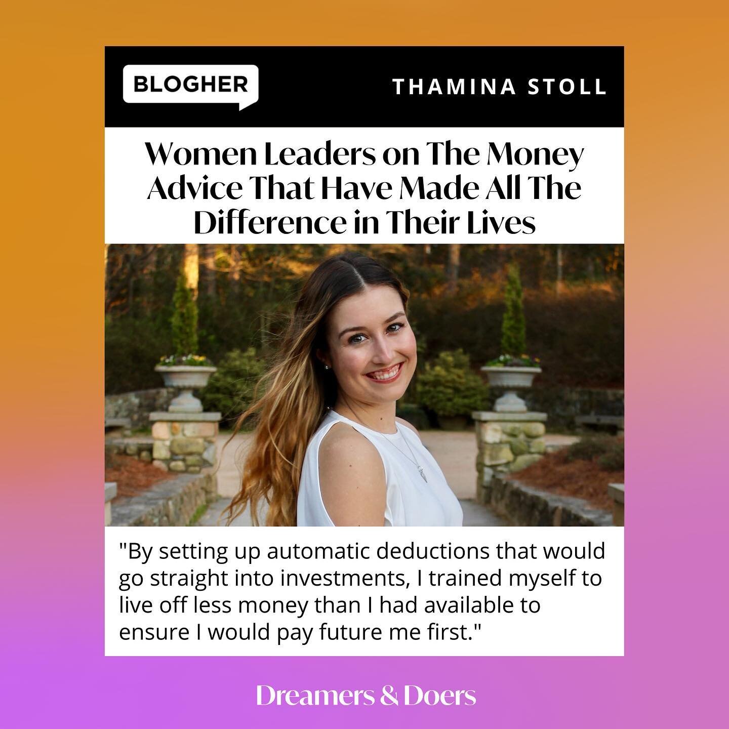 Excited to be featured in this @blogher piece on money advice alongside 20 accomplished entrepreneurs 🙌

Always think about future you first! 

I&rsquo;ll link to the article in my Stories! 

#personalfinanceforwomen #womensupportingwomen #moneyadvi