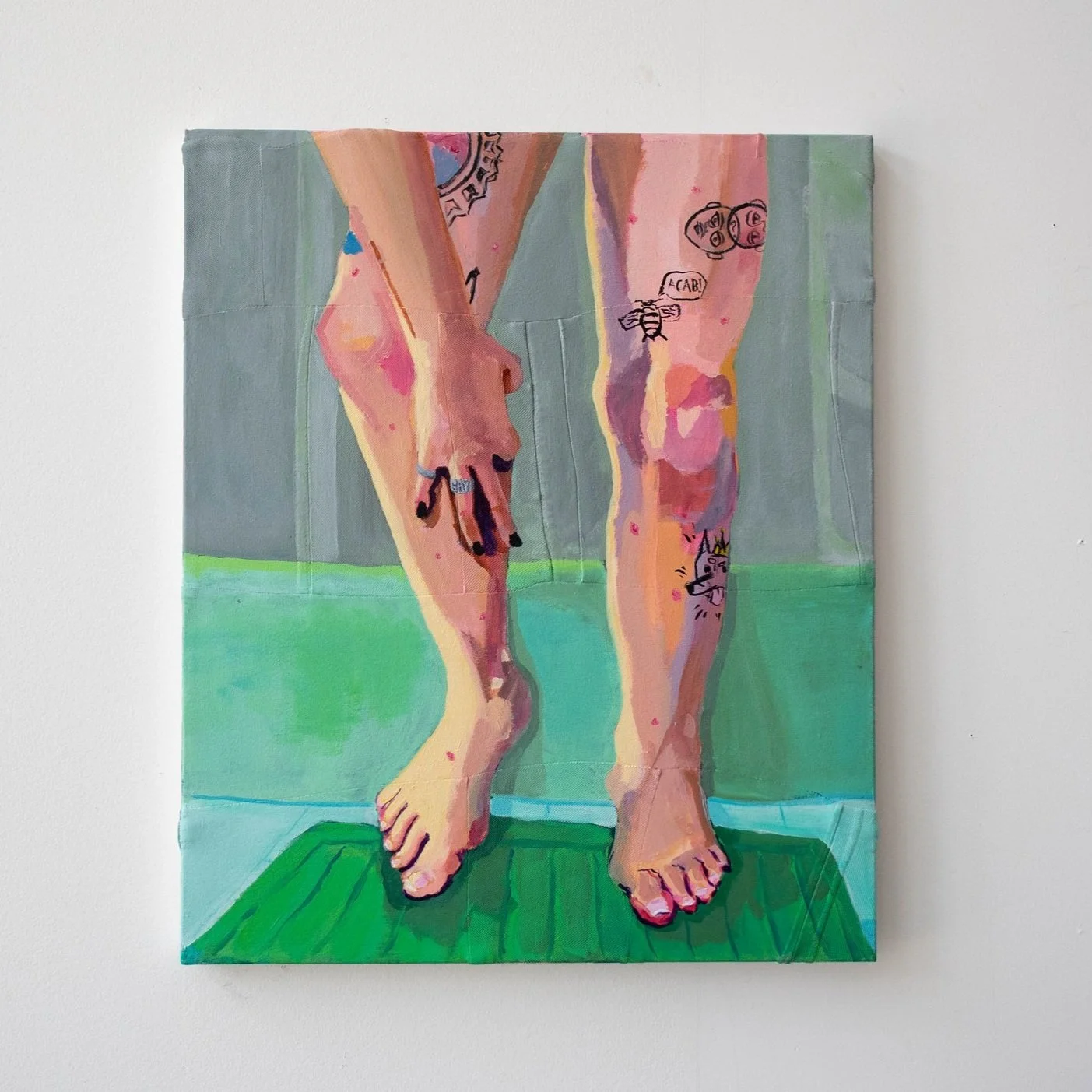 You Won't Get Your Blood Back, acrylic on various fabrics, 20" x 24", 2025.