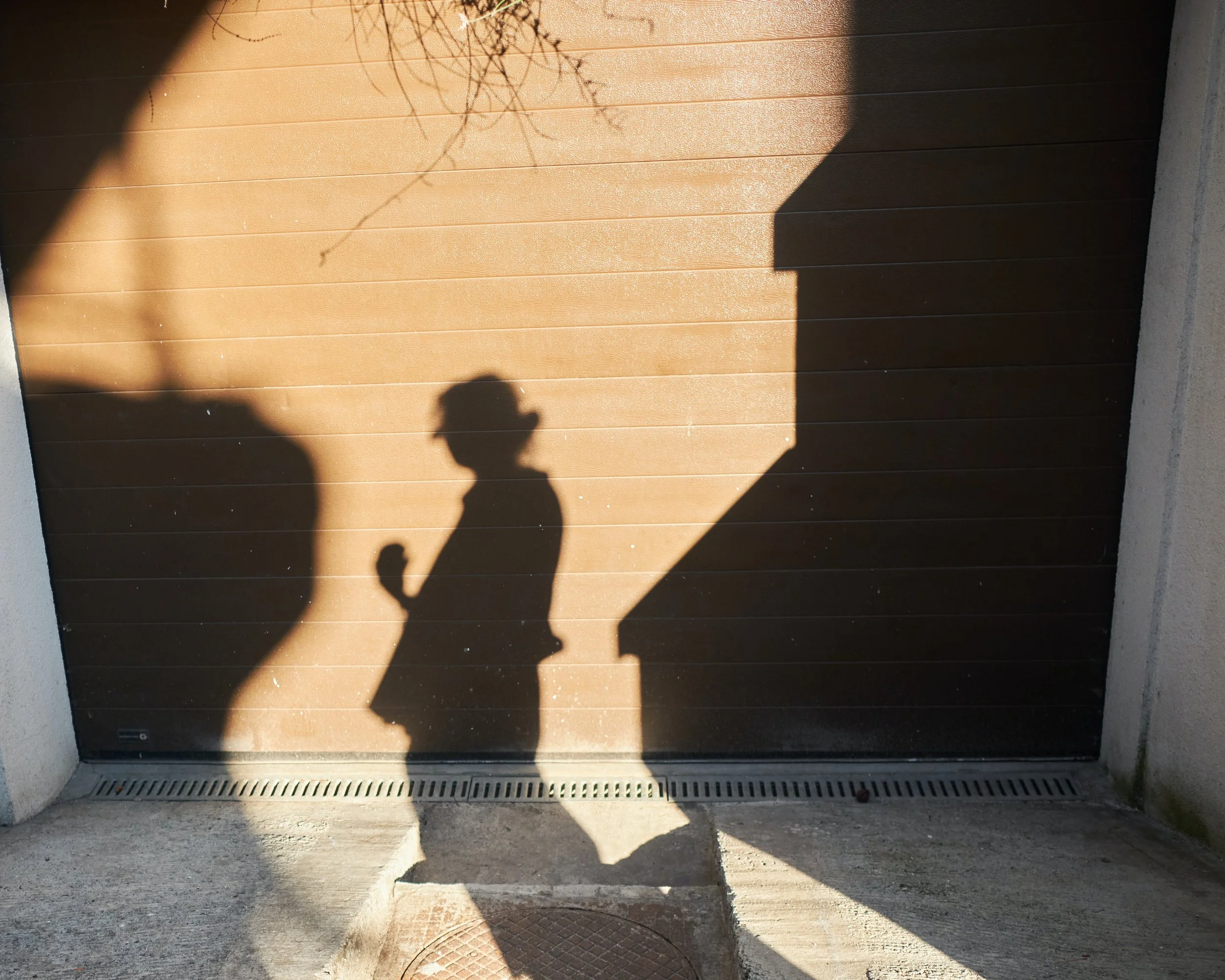 Shadow of a person holding a phone, cast on a brown wooden garage door with horizontal panels, next to a concrete sidewalk and a security vent below the door.