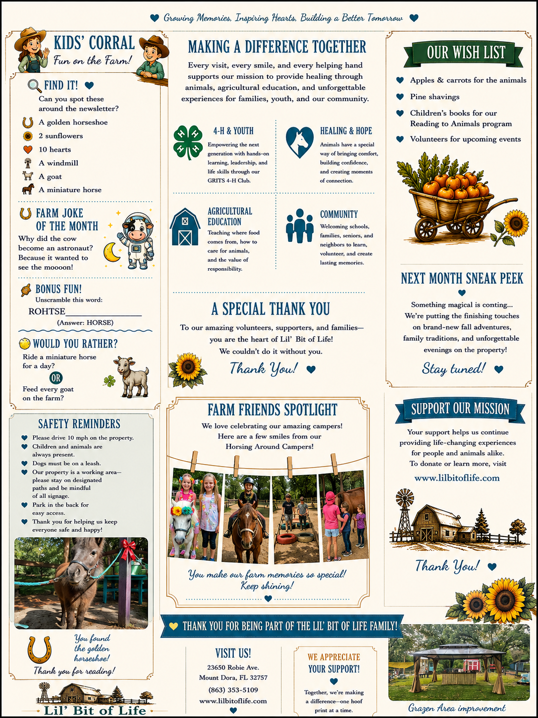 A colorful farm-themed newsletter titled 'Lil' Bit of Life' with sections about kids' activities, a wish list, photos of children and animals, and a farm scene background. It includes text about making a difference, farm jokes, safety reminders, thank-you messages, and ways to support the mission.
