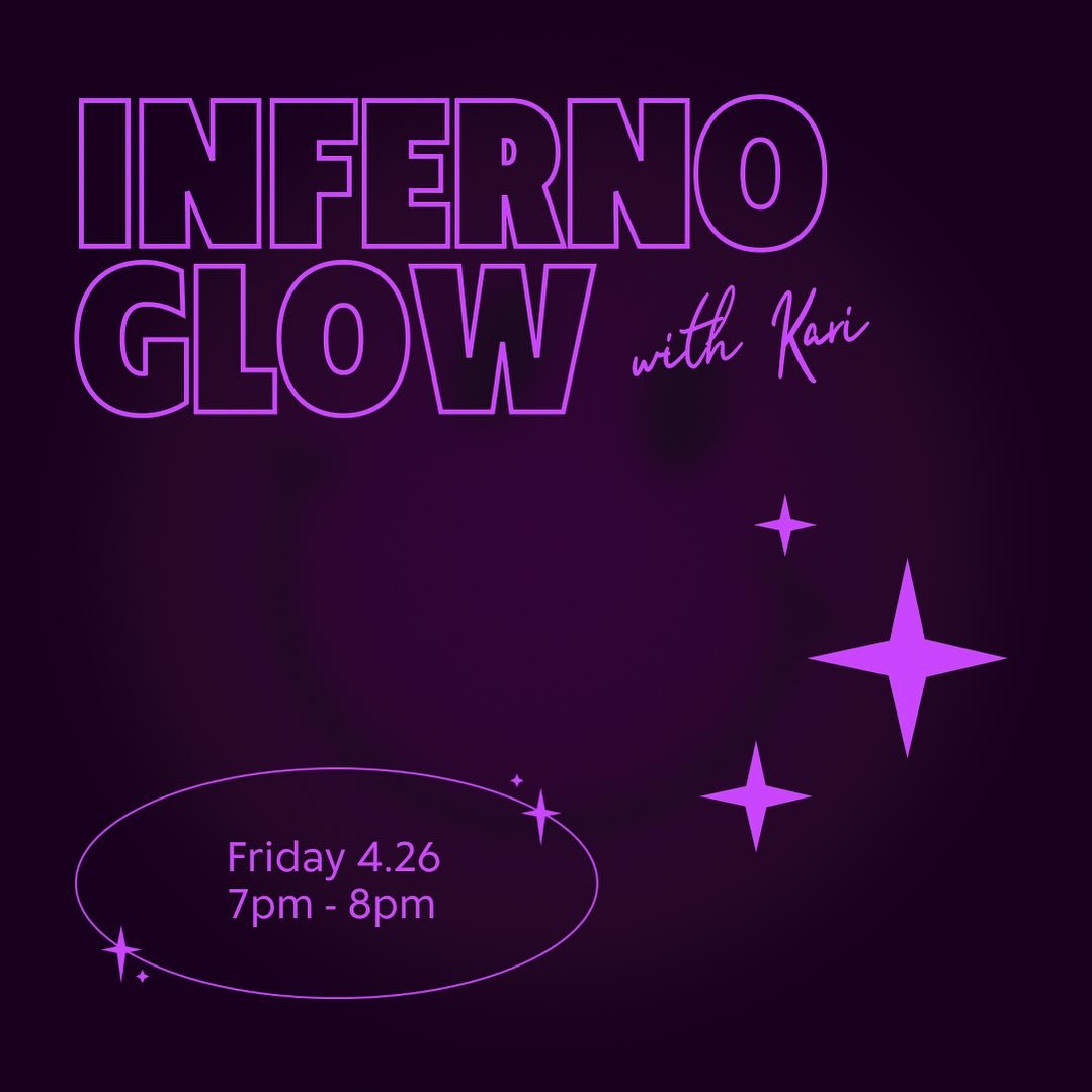 Join Kari for a glow in the dark themed Inferno Hot Pilates class 💜 

Date: Friday, April 26th
Time: 7pm-8pm

Booking opens tomorrow! DM with any questions. See you on your mat 😊

#infernoglow #infernohotpilates #hotpilatesstudio #pilatesstudio #in