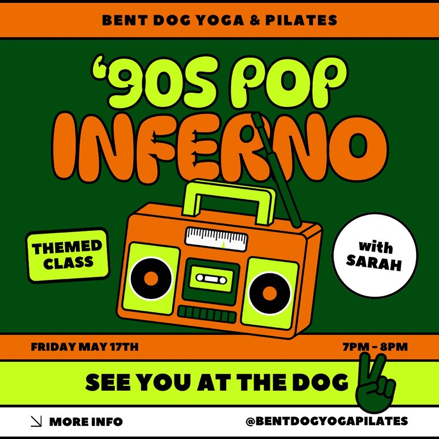 Join Sarah for a &lsquo;90s POP MUSIC themed Inferno Hot Pilates class on Friday, May 17th @ 7pm 💿 All plaid, denim, leather, and grunge welcome &hellip; butterfly clips encouraged 😜

Sign up open NOW, snag a spot before they&rsquo;re gone! 

DM wi