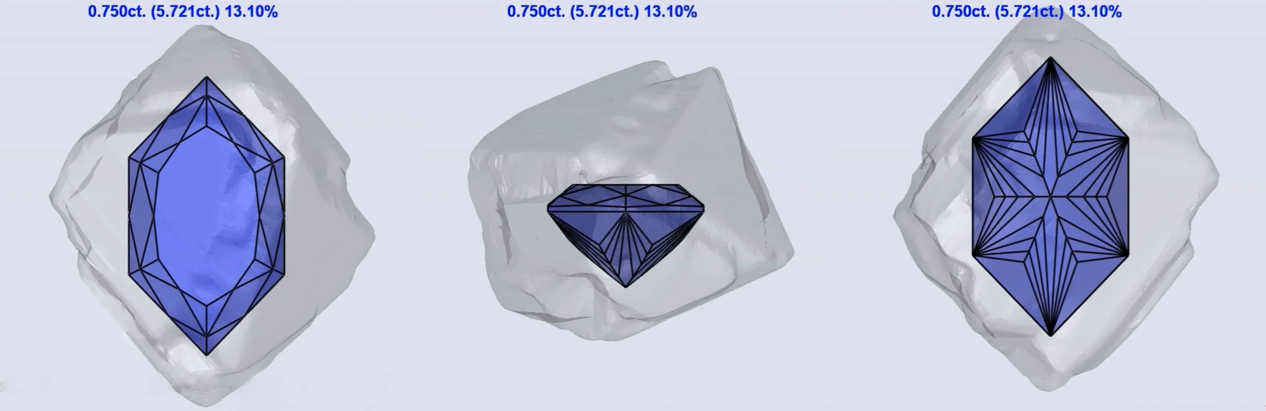 Three Sarin diagrams showing rough crystal mapping for a custom Dutch-cut marquise diamond.
