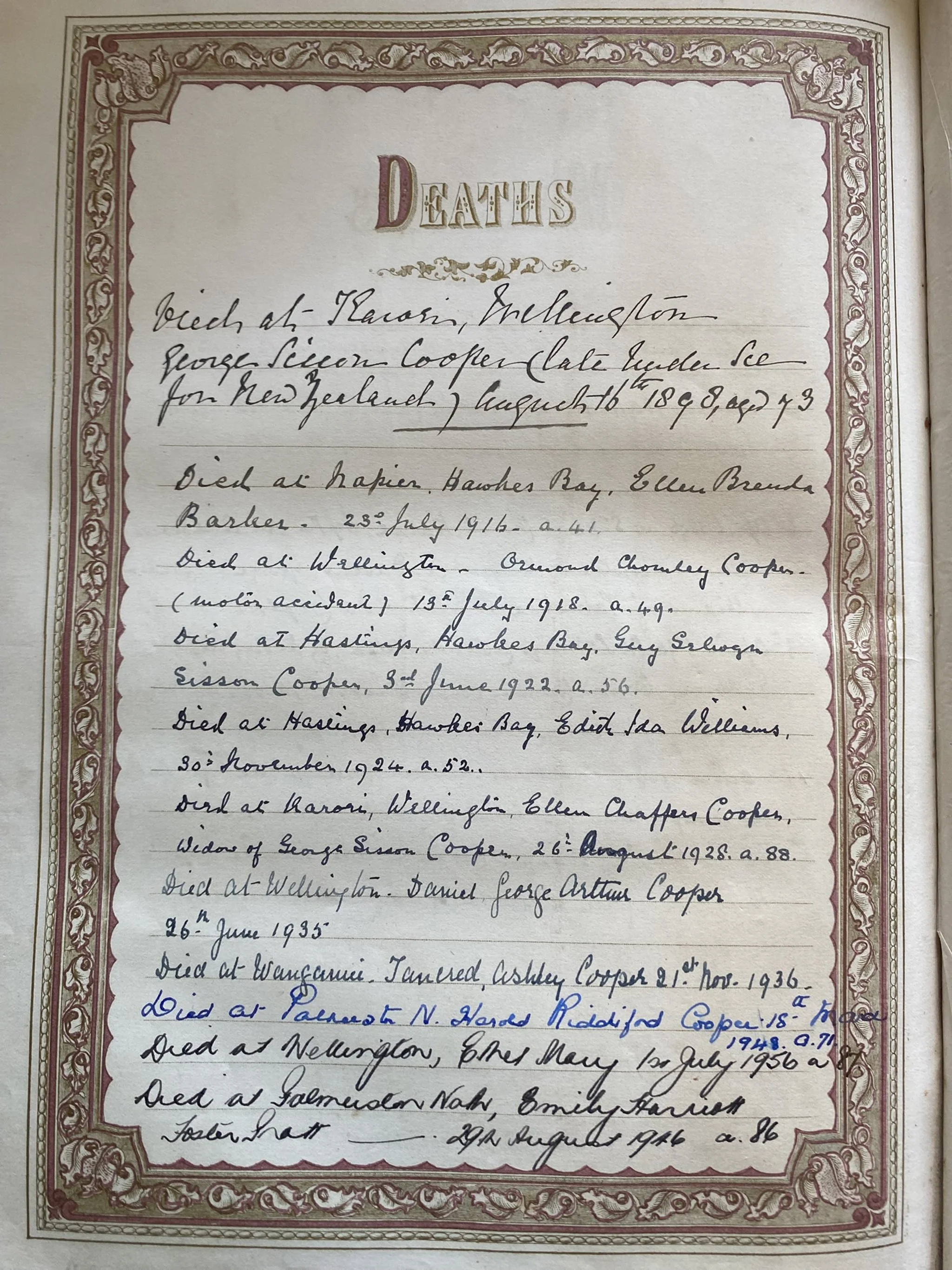 Deaths recorded in the George Sisson Cooper Family Bible