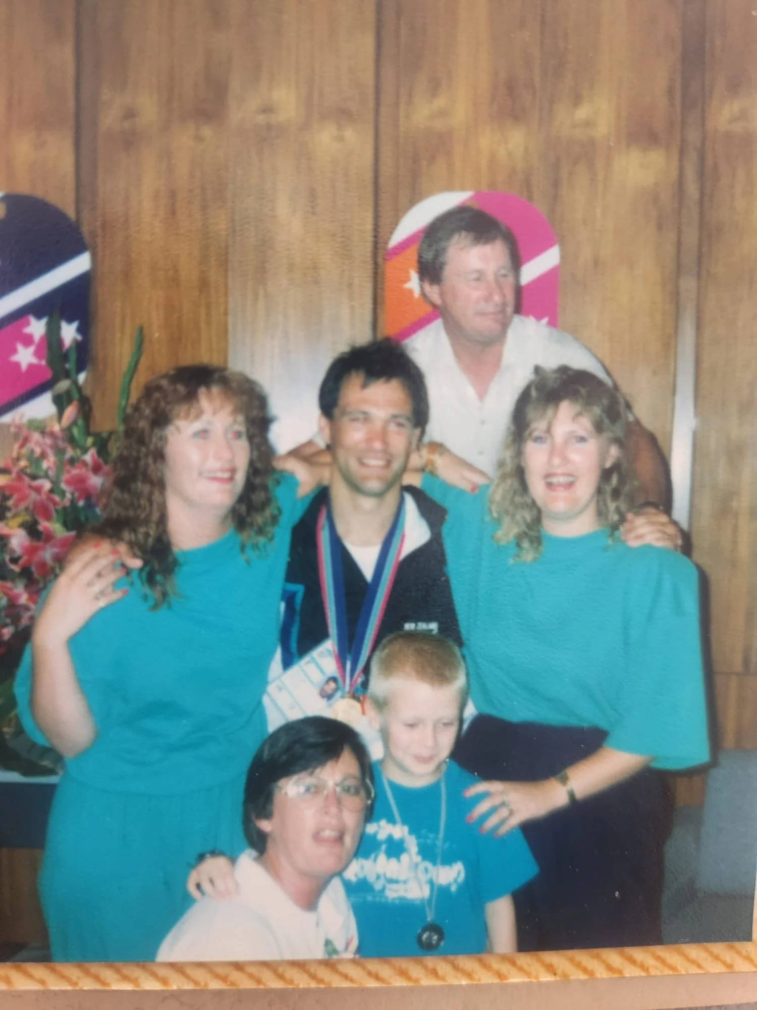 Brent winning gold at the Commonwealth Games, Auckland 1990, L-R: Dale Cooper, Brent Cooper, Angela Cooper, Back: Arthur Cooper, Front:  Beverley Cooper, Peter Cooper