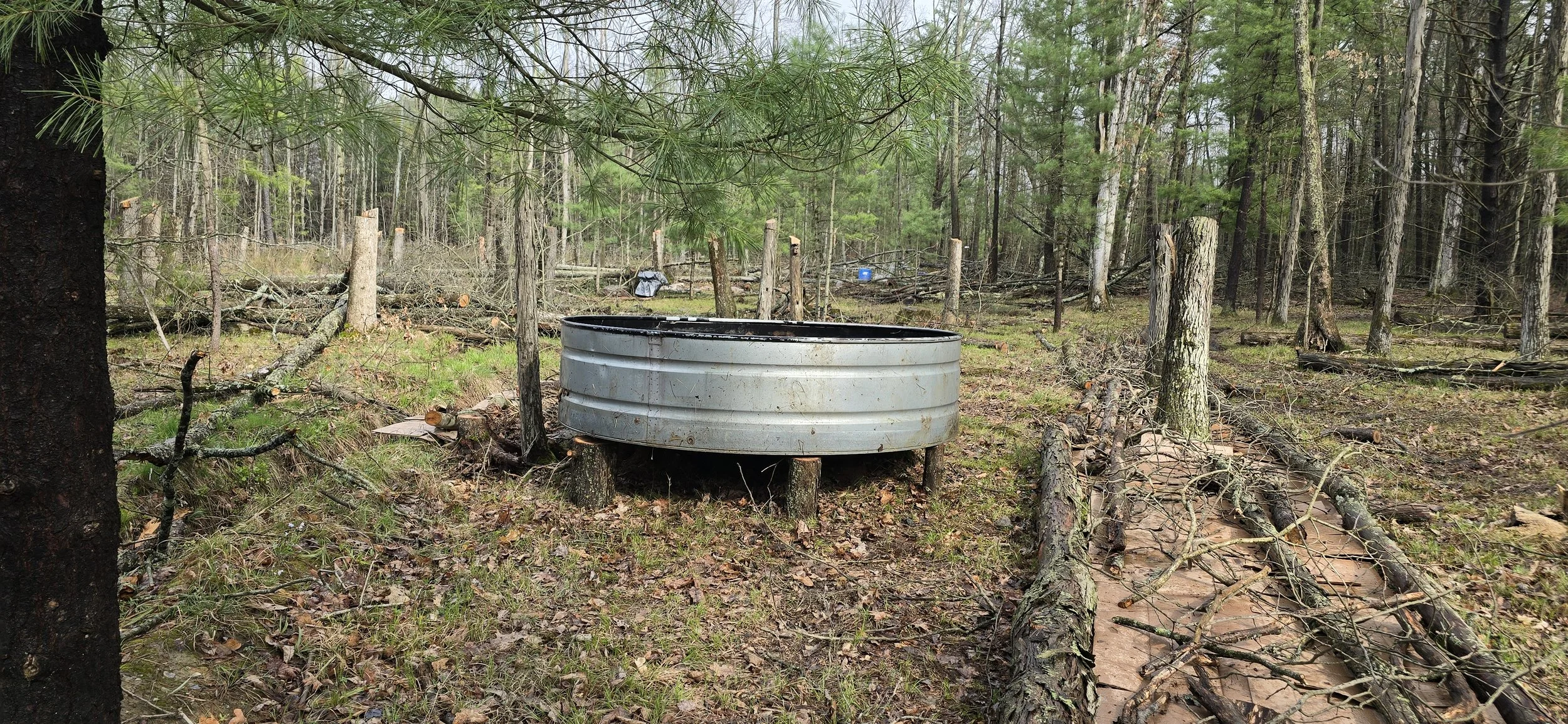Temporary farm irrigation tank surrounded by raised orchard rows using logs and cardboard