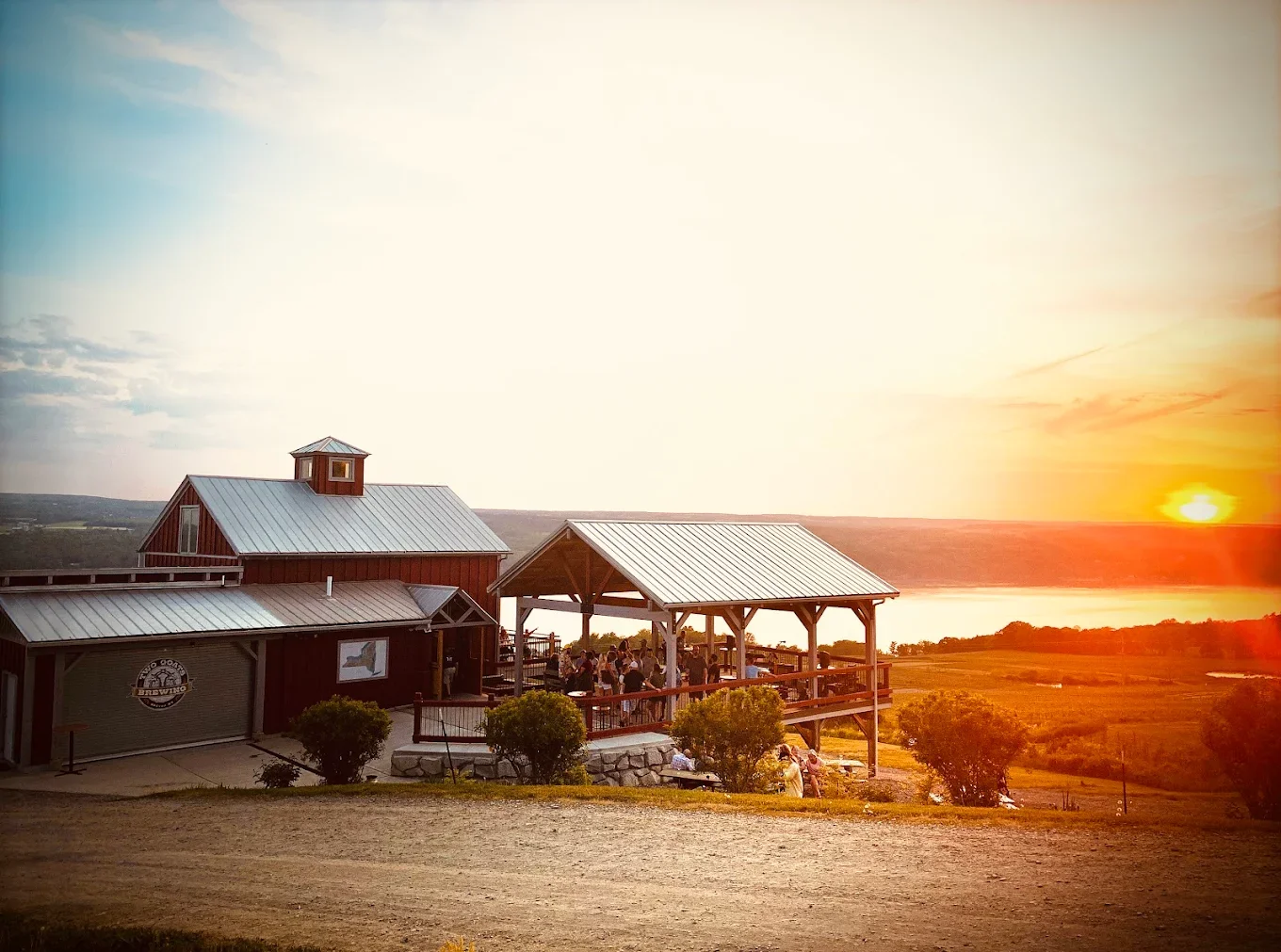 Two Goats Brewing Exterior Sunset.webp