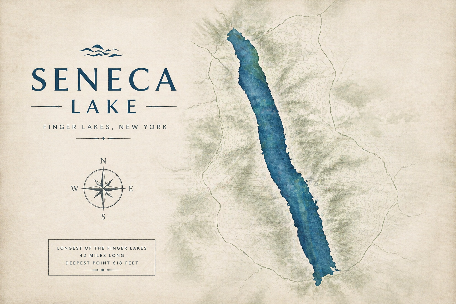 Vintage map illustration of Seneca Lake in the Finger Lakes NY, showing the long narrow lake shape, surrounding landscape, and geographic features, highlighting it as the deepest and longest Finger Lake in New York.