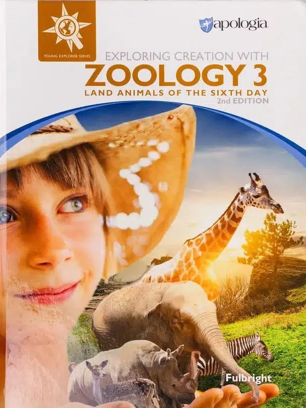 Cover of a children's educational book titled "Exploring Creation with Zoology 3: Land Animals of the Sixth Day" featuring various land animals including an elephant, bear, gorilla, giraffe, triceratops, and a spider against a green sky background.
