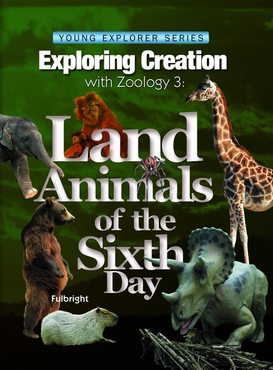 Cover of a children's educational book titled "Exploring Creation with Zoology 3: Land Animals of the Sixth Day" featuring various land animals including an elephant, bear, gorilla, giraffe, triceratops, and a spider against a green sky background.