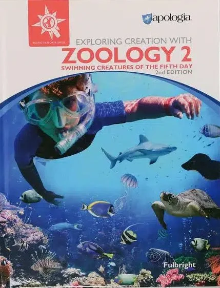 Cover of a children's educational notebook titled 'Zoology 2 Notebook Journal for Exploring Creation with Zoology 2: Swimming Creatures of the Fifth Day,' featuring underwater animals like a jellyfish, sea turtle, crab, fish, and lobster.