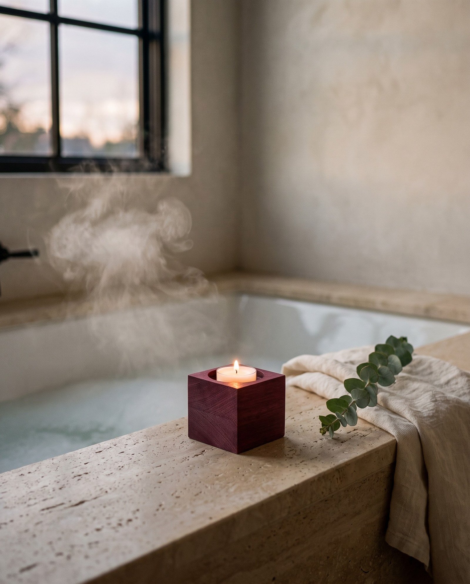 Dean + Oak Block Incense + Tealight Burner in purpleheart, by the bath