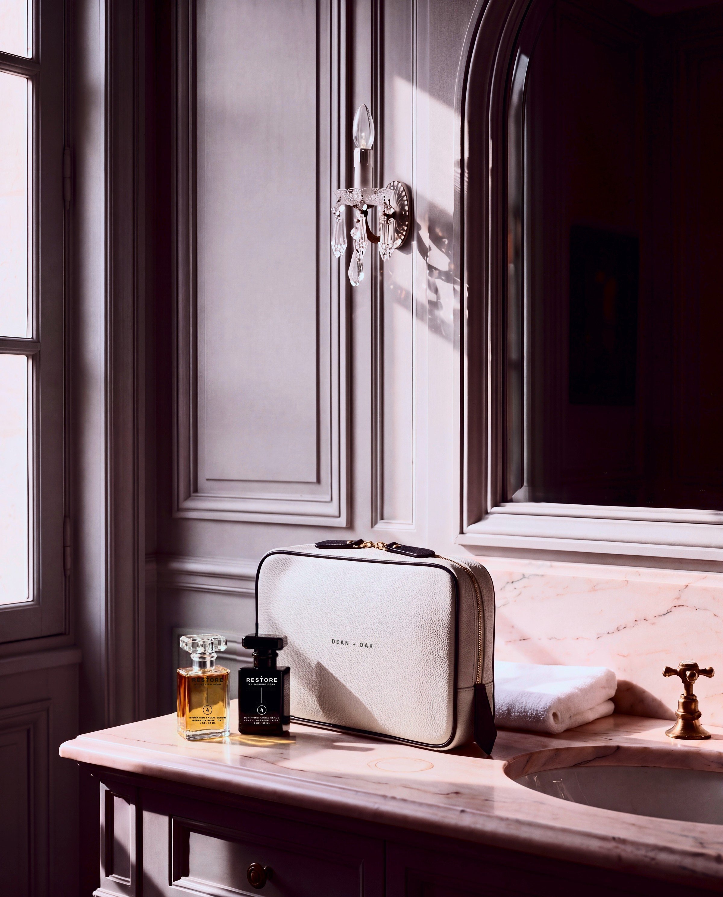 Dean + Oak RESTORE Ritual Set travel case in White Nappa leather