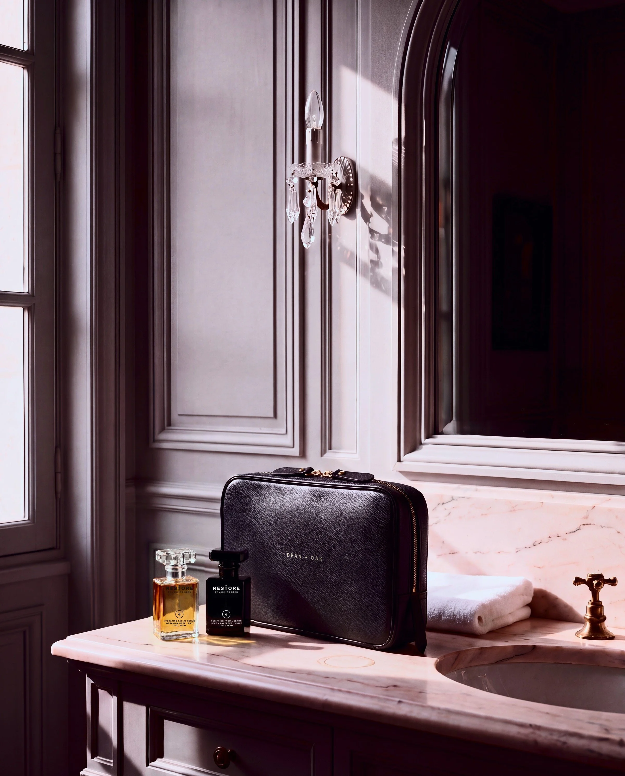 Dean + Oak RESTORE Ritual Set travel case in Charcoal Nappa leather
