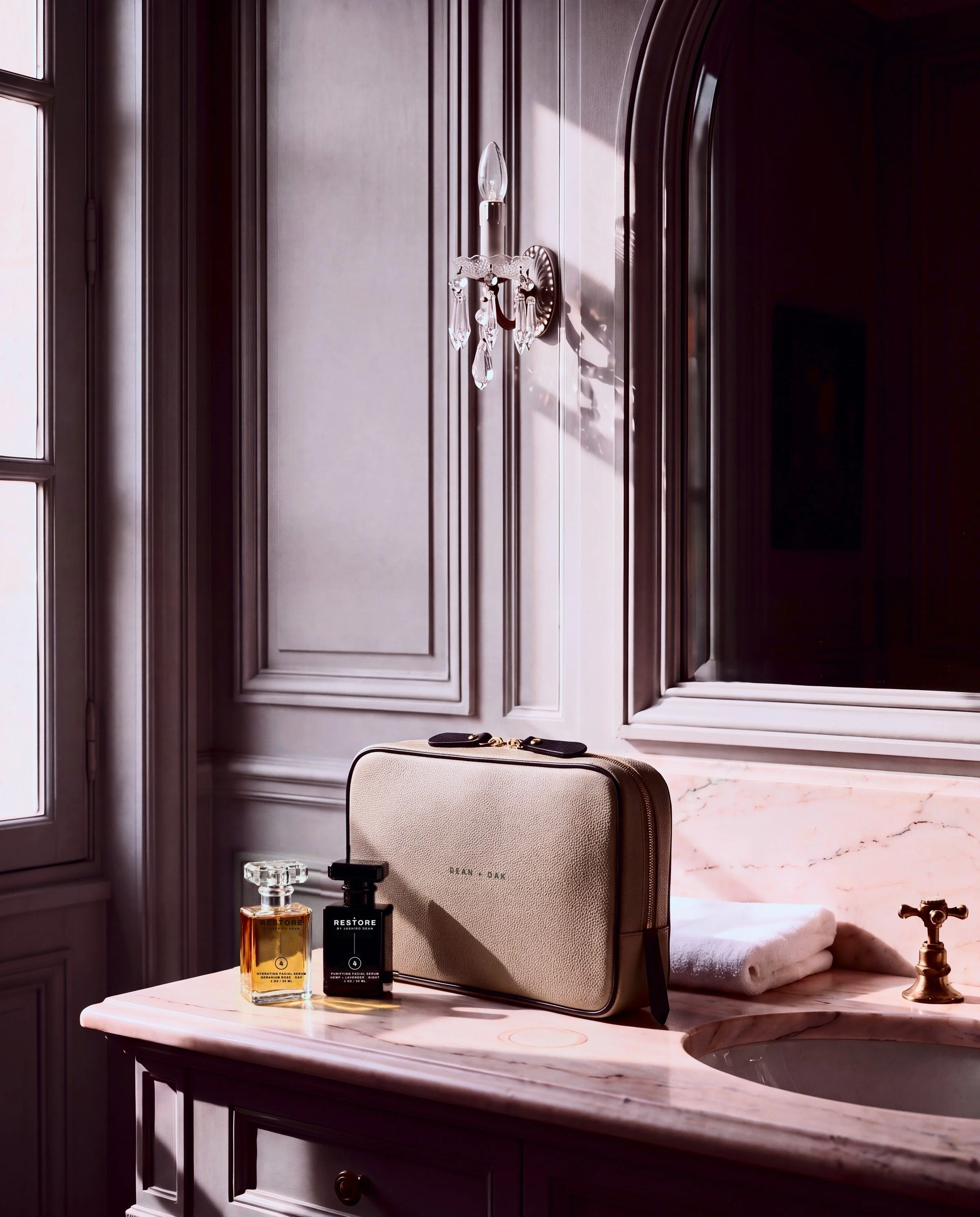 Dean + Oak RESTORE Ritual Set travel case in Sand Nappa leather