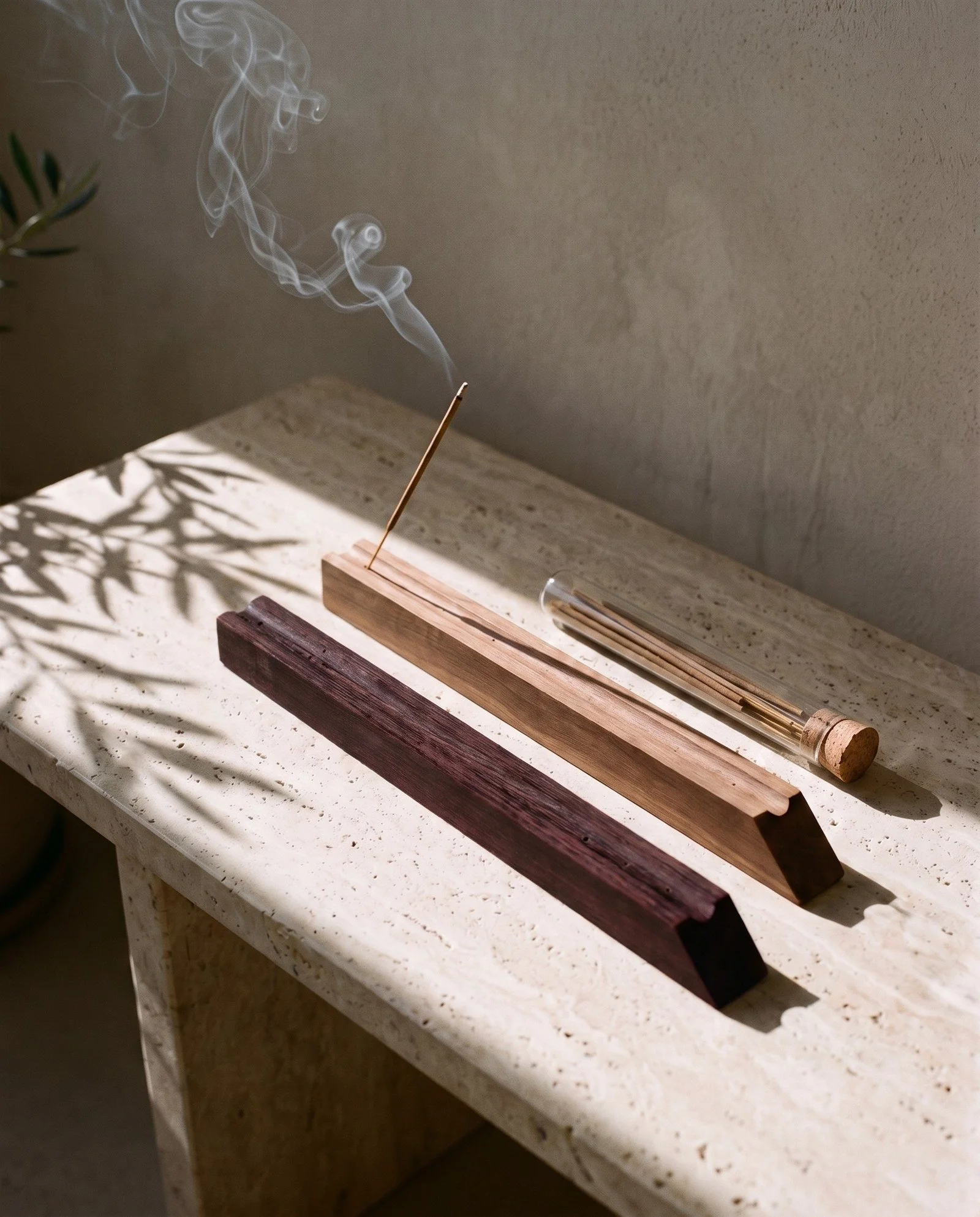 Dean + Oak Walnut Smudging Wand, walnut and purpleheart wands on travertine