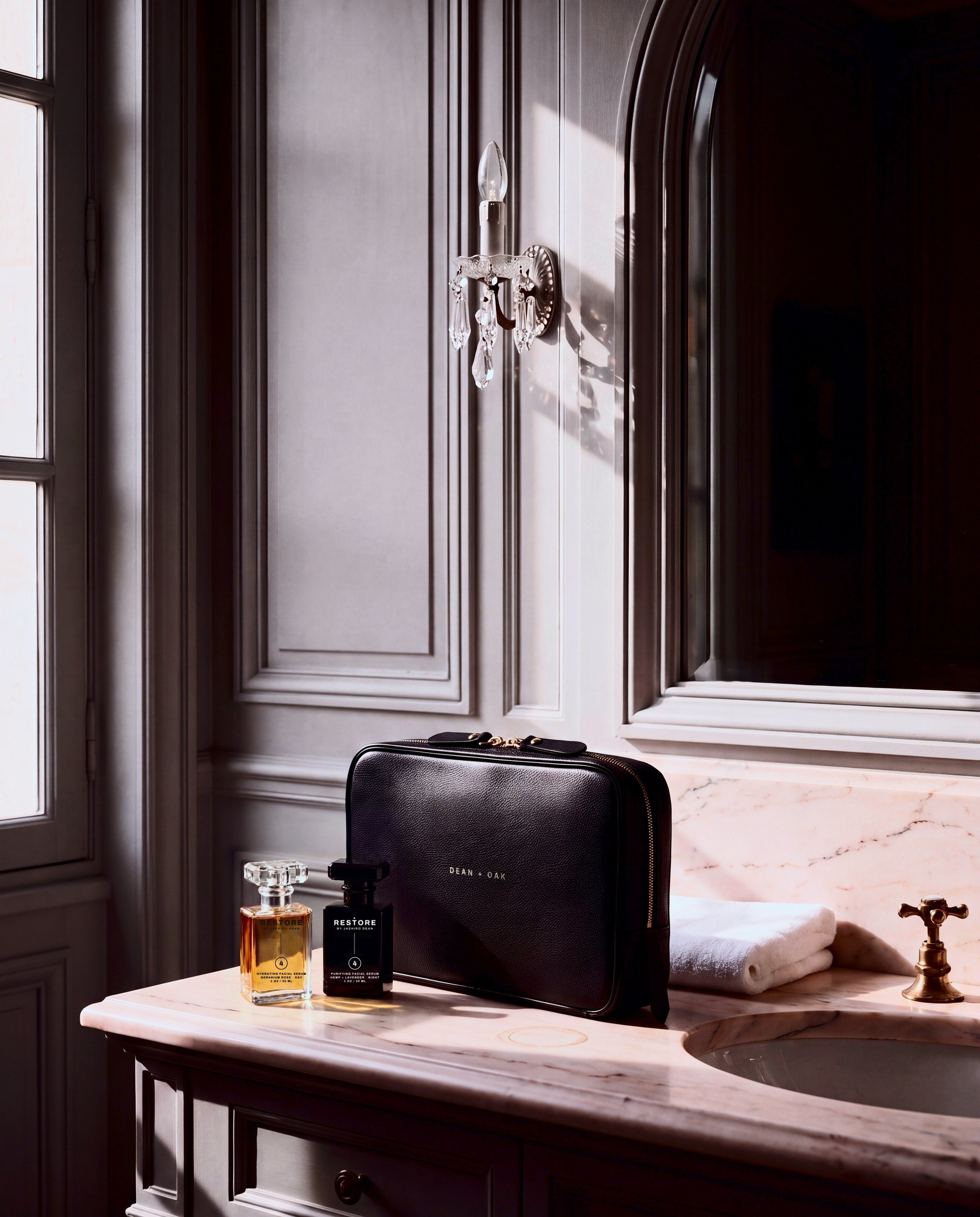 Dean + Oak RESTORE Ritual Set travel case in Black Nappa leather