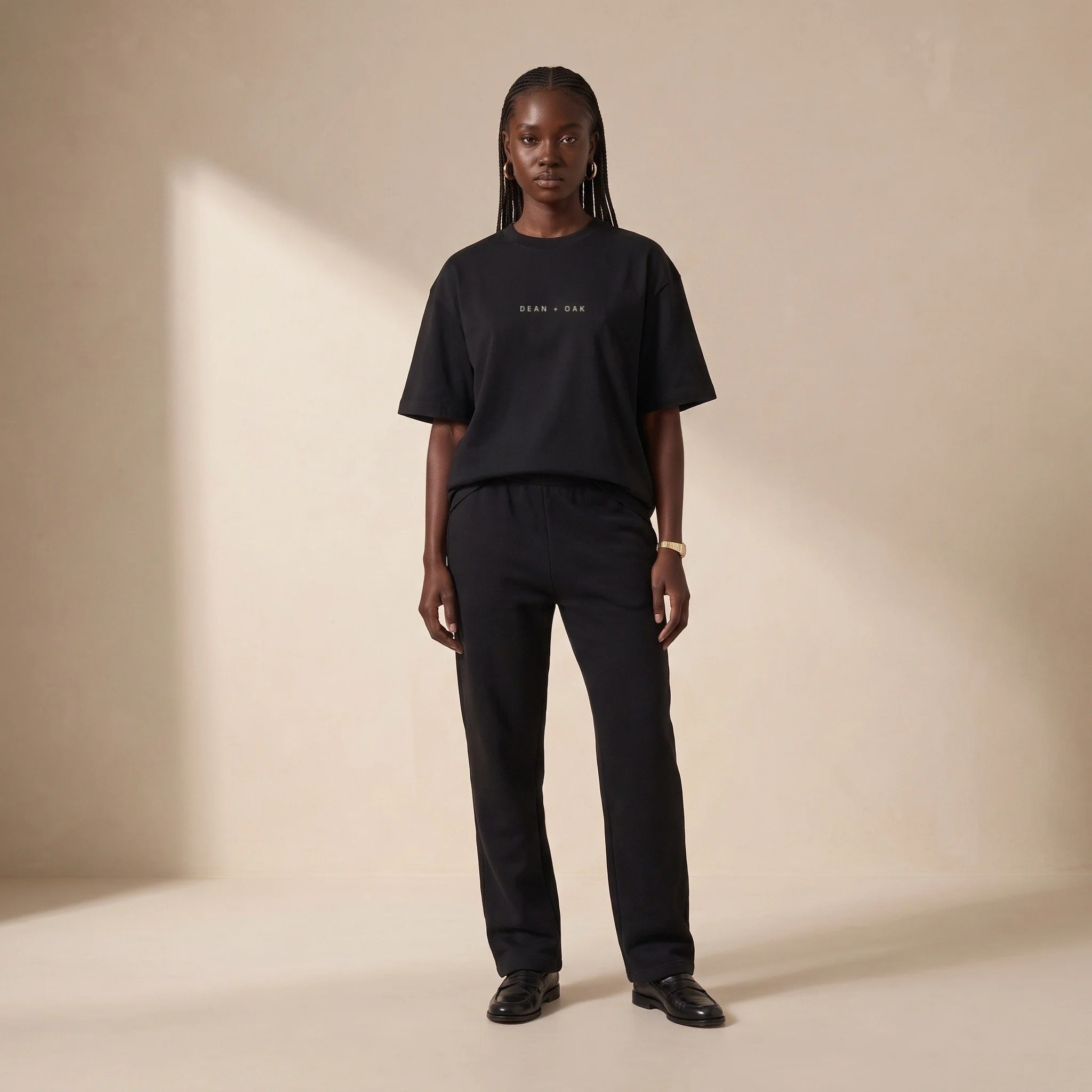 Dean + Oak heavyweight oversized tee in Black, worn on a model