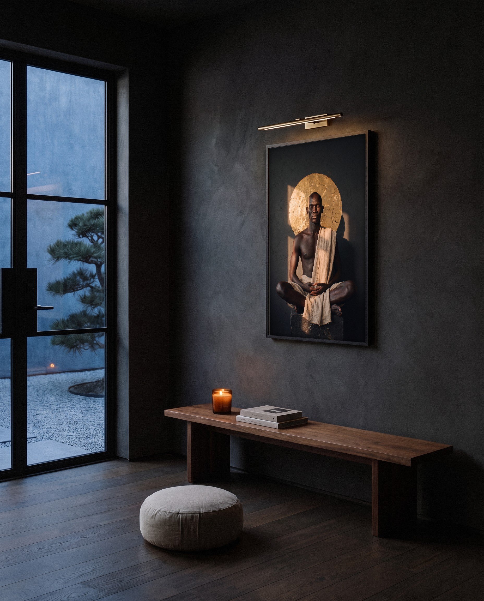 Budda, a framed photograph by Jashiro Dean, hanging in a room at home in low light