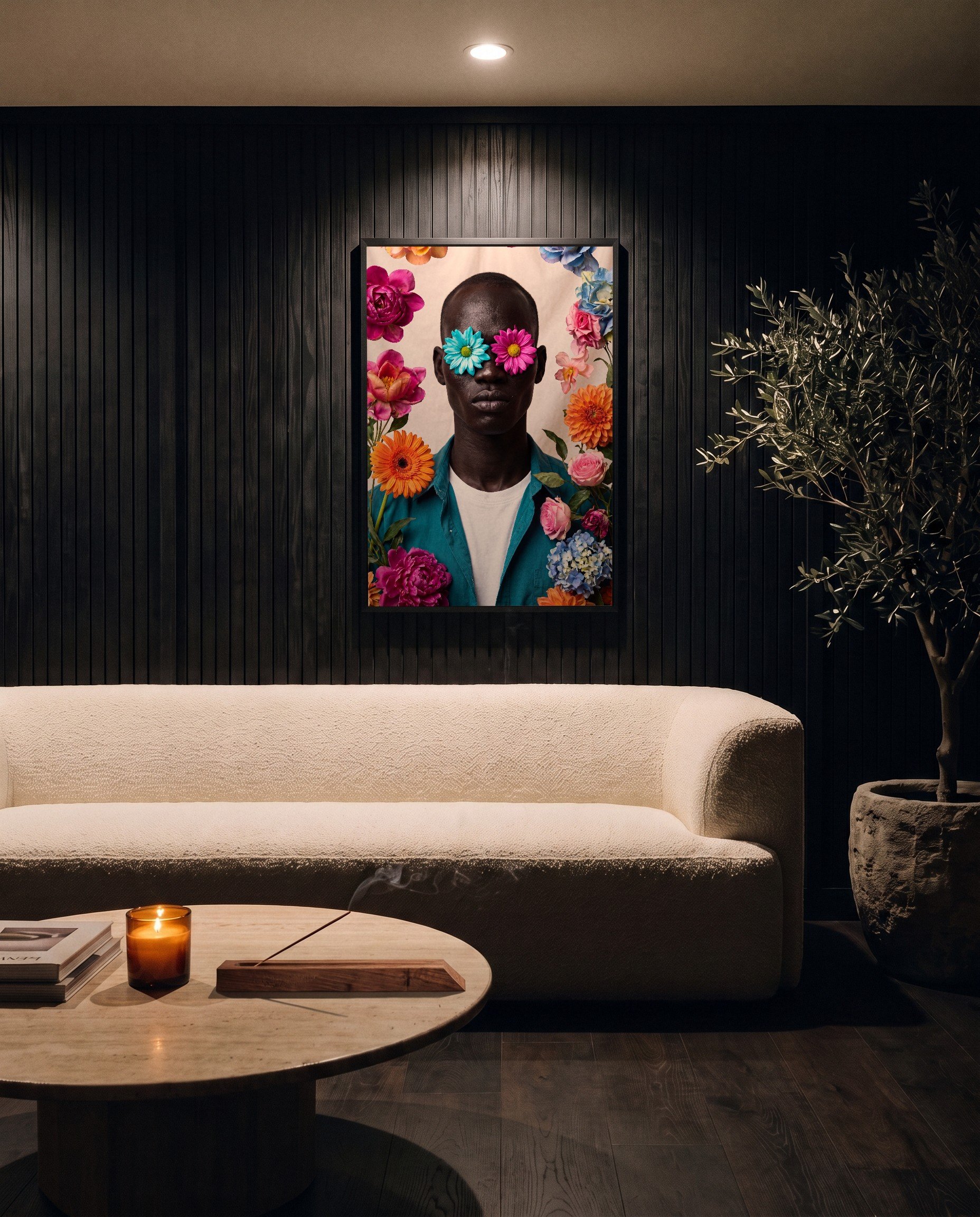 Omar, Collectors Edition, a framed photograph by Jashiro Dean, hanging in a room at home in low light
