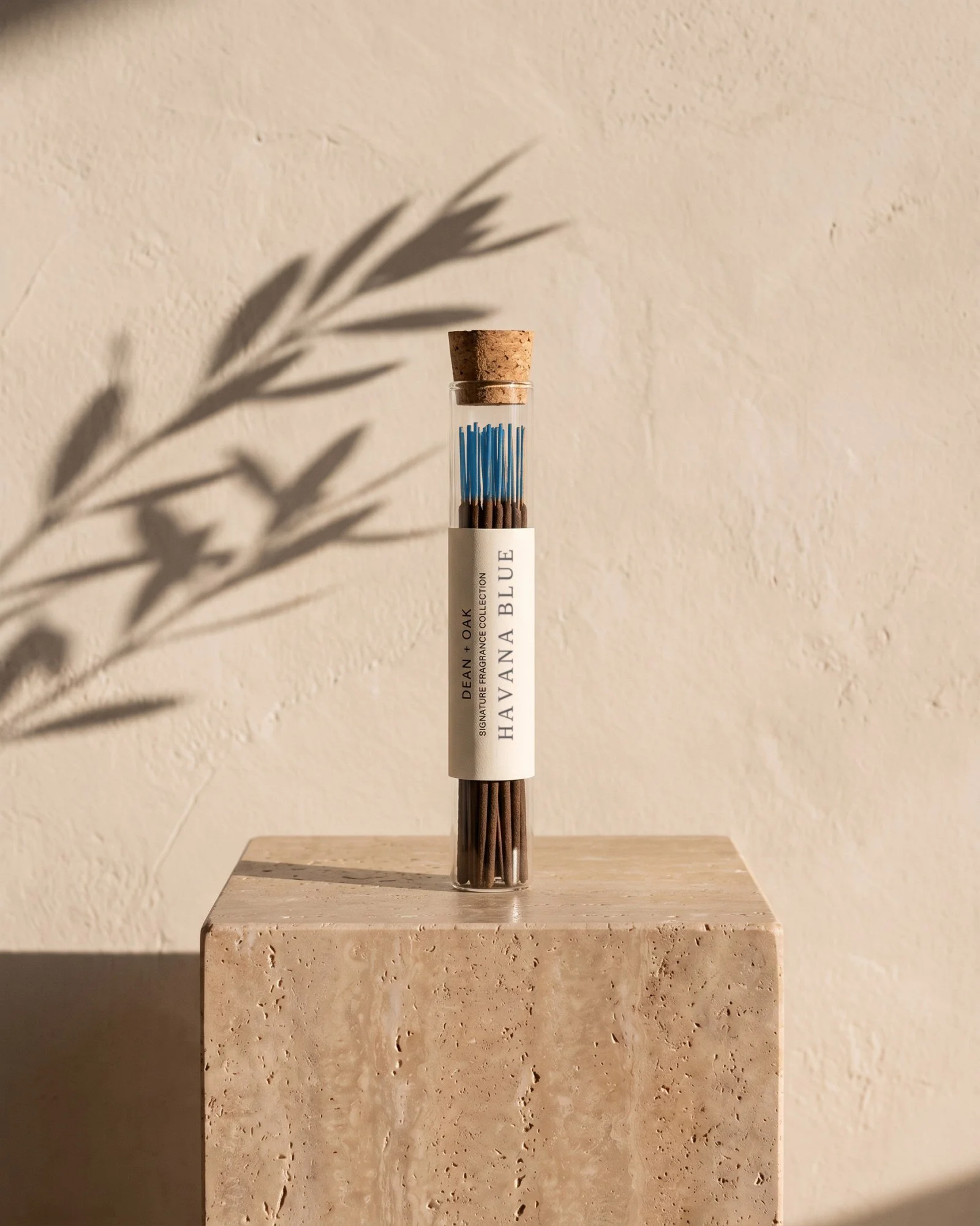 Dean + Oak Havana hand-dipped incense in a corked glass tube, in morning light