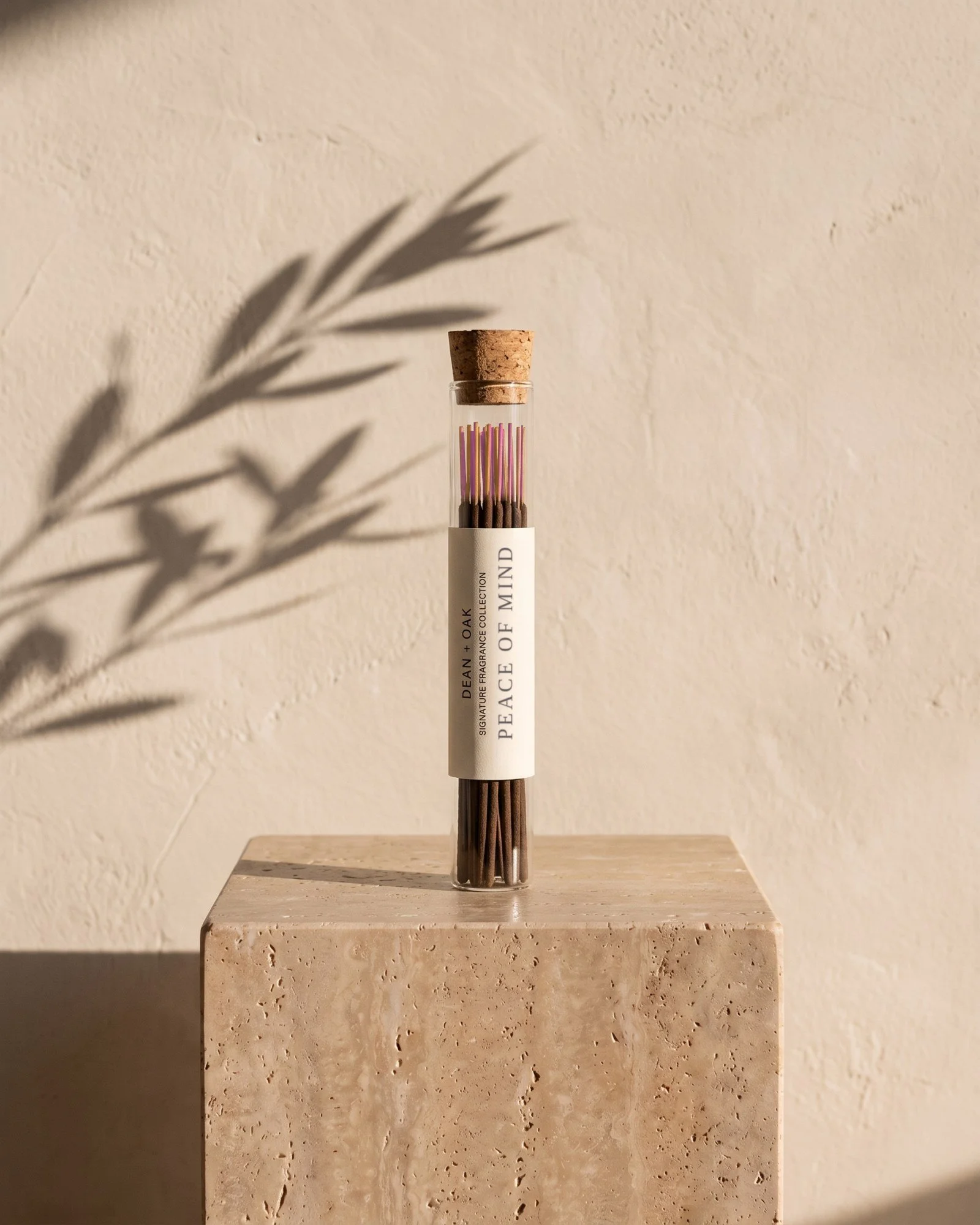 Dean + Oak Peace of Mind hand-dipped incense in a corked glass tube, in morning light