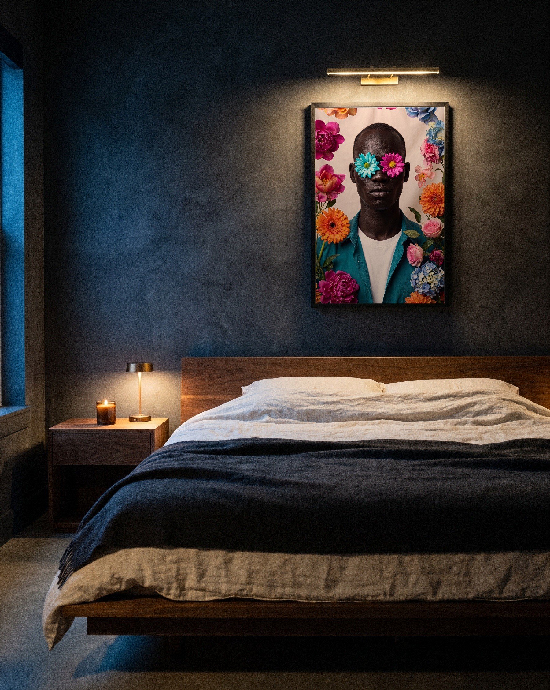 Omar, Collectors Edition, a framed photograph by Jashiro Dean, hanging in a room at home in low light