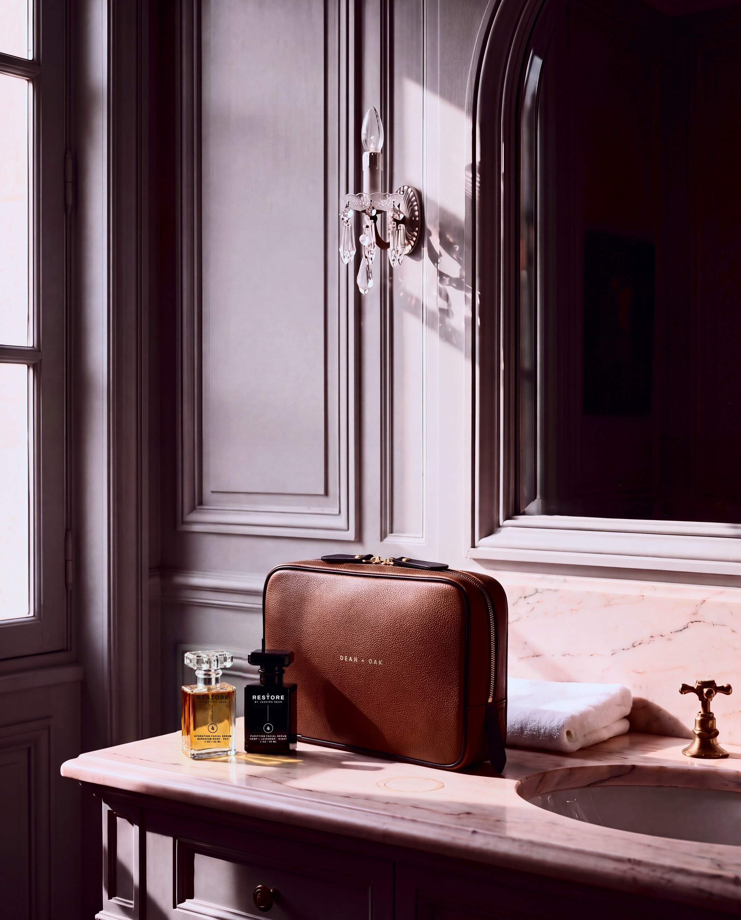 Dean + Oak RESTORE Ritual Set travel case in Brown Nappa leather