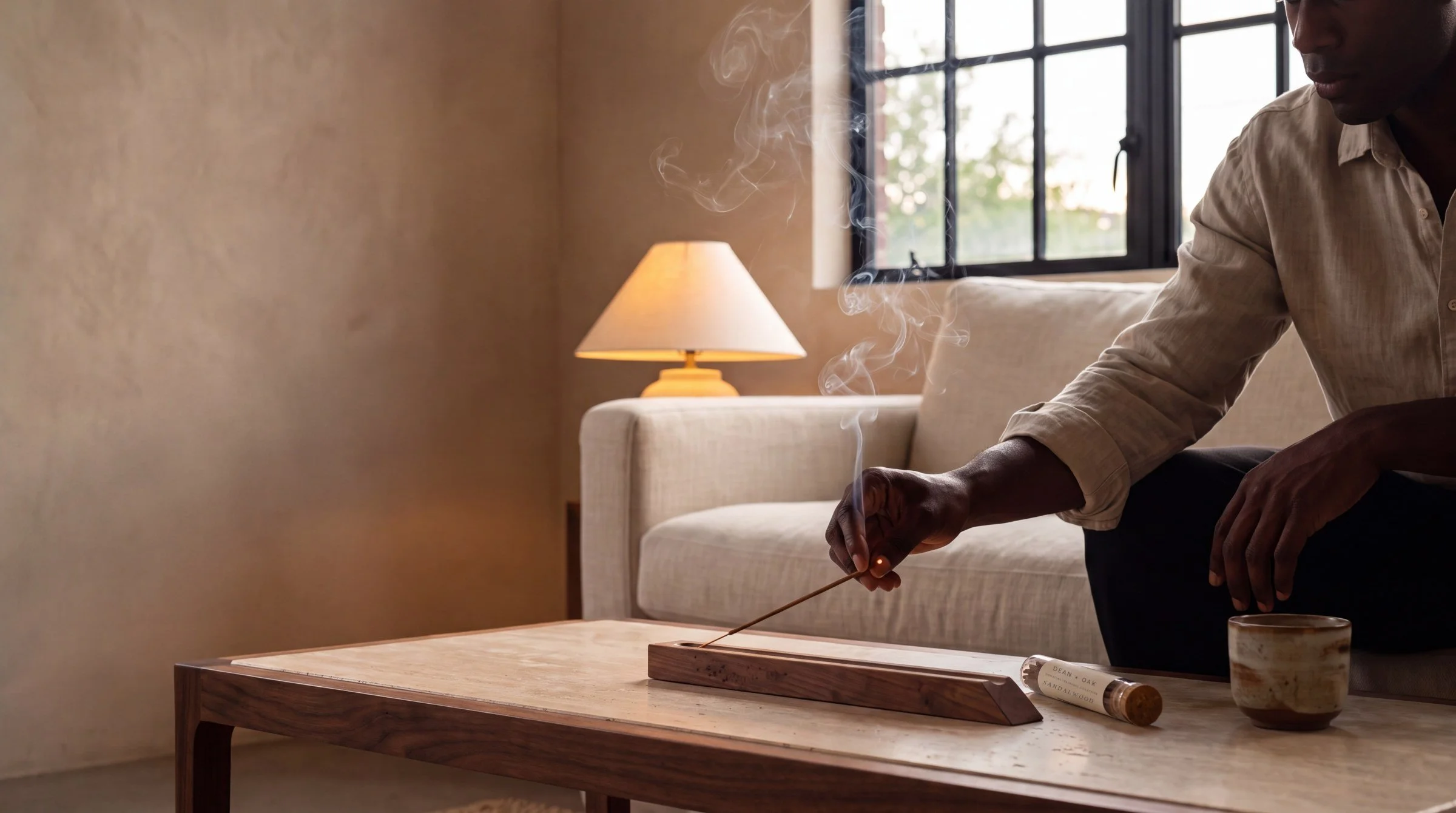 Lighting a stick of incense in the Dean + Oak walnut burner on a coffee table