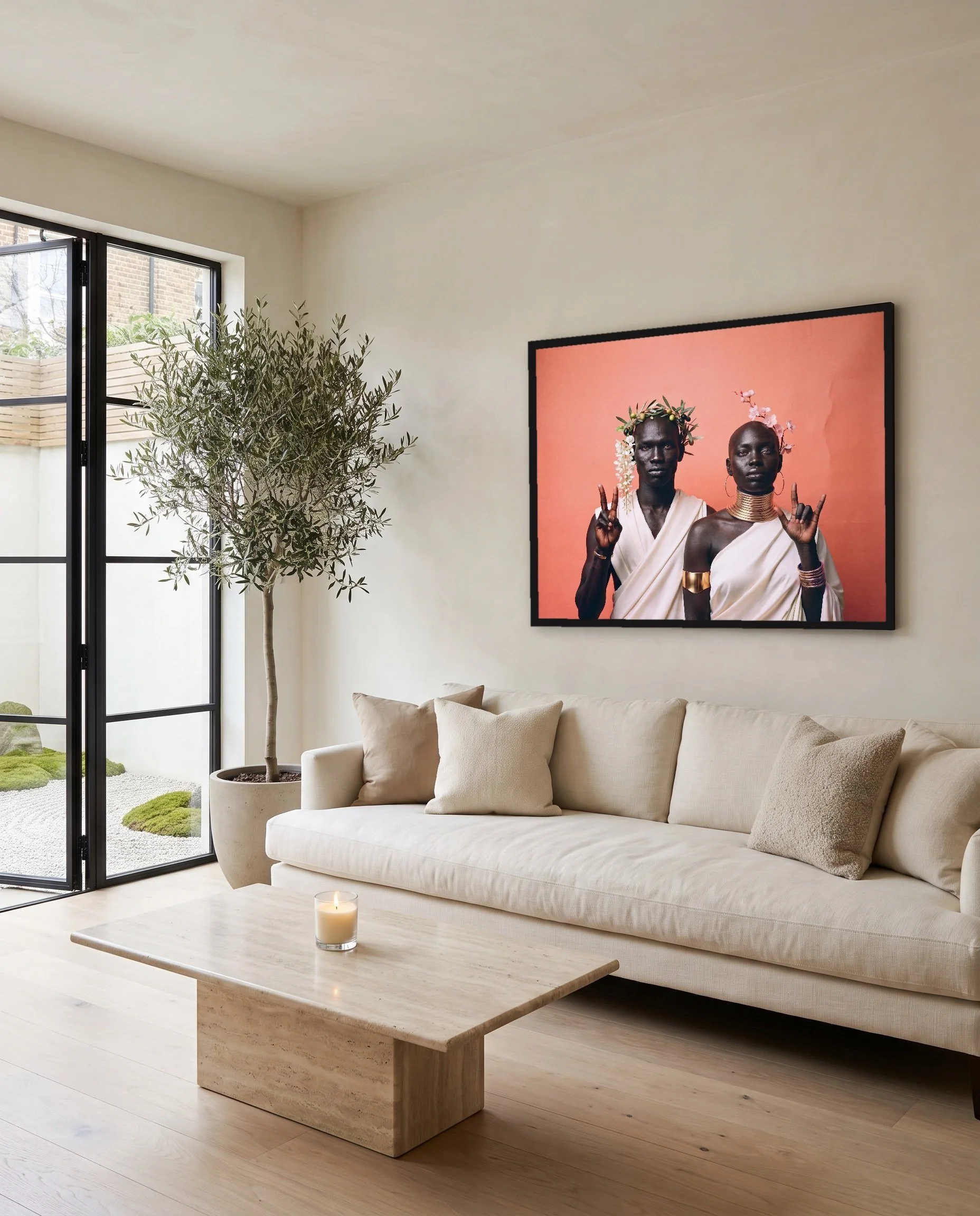 Peace & Love, a framed photograph by Jashiro Dean, hanging in a room at home