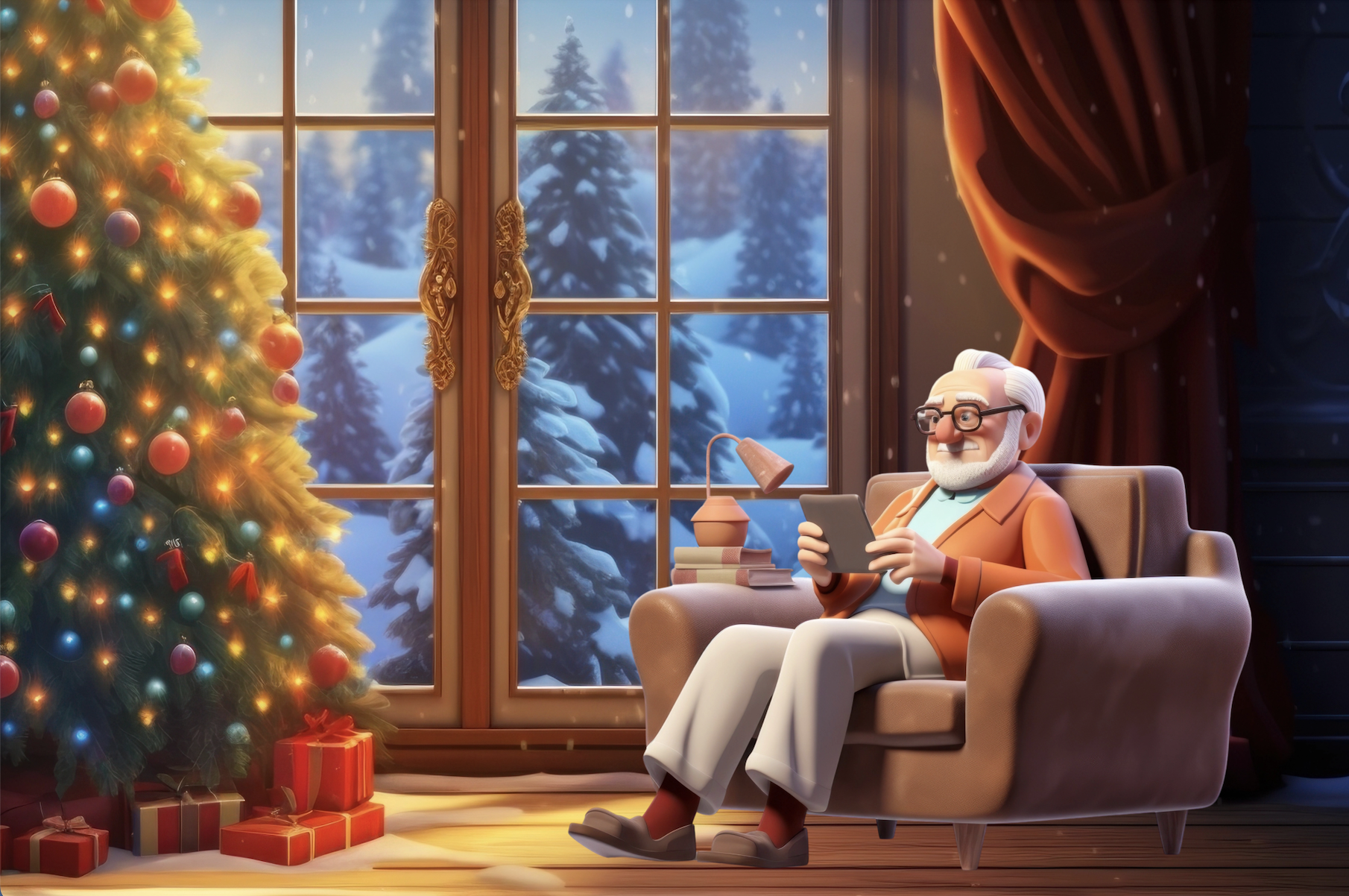 Illustration of an older man sitting alone by a Christmas tree reading